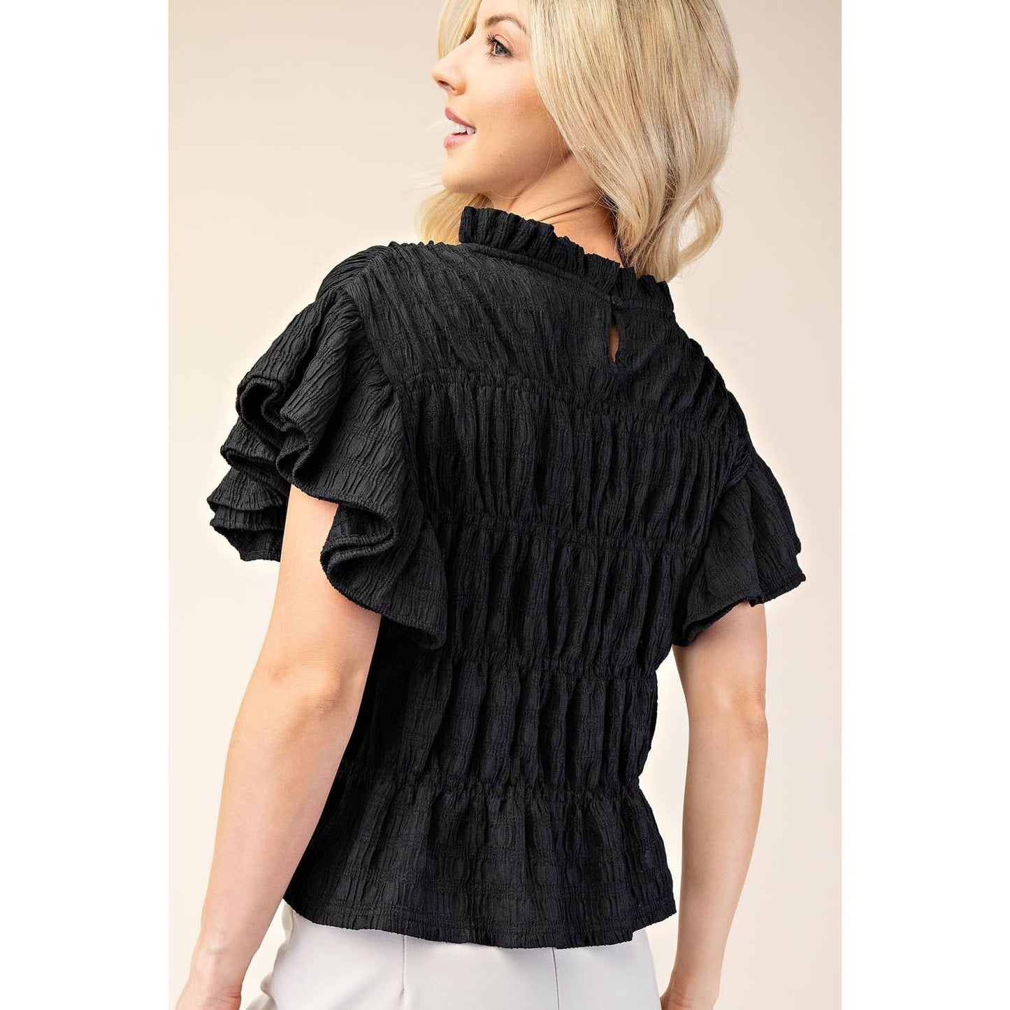 NEW Ruched Flutter Sleeve Top: BLACK / S