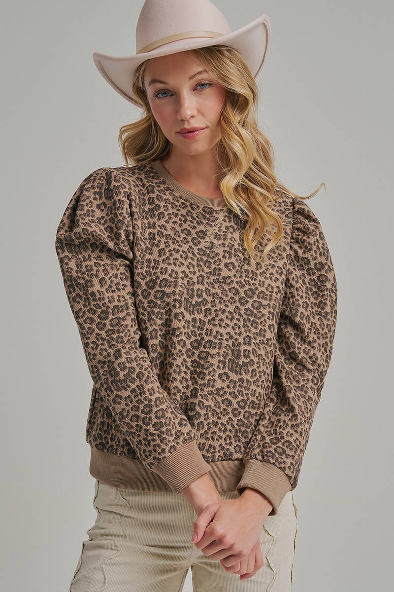 TEXTURED LEOPARD KNIT TOP WITH PUFF SHOULDER_JLT00331-01: LEOPARD / S-M-L(2-2-2)