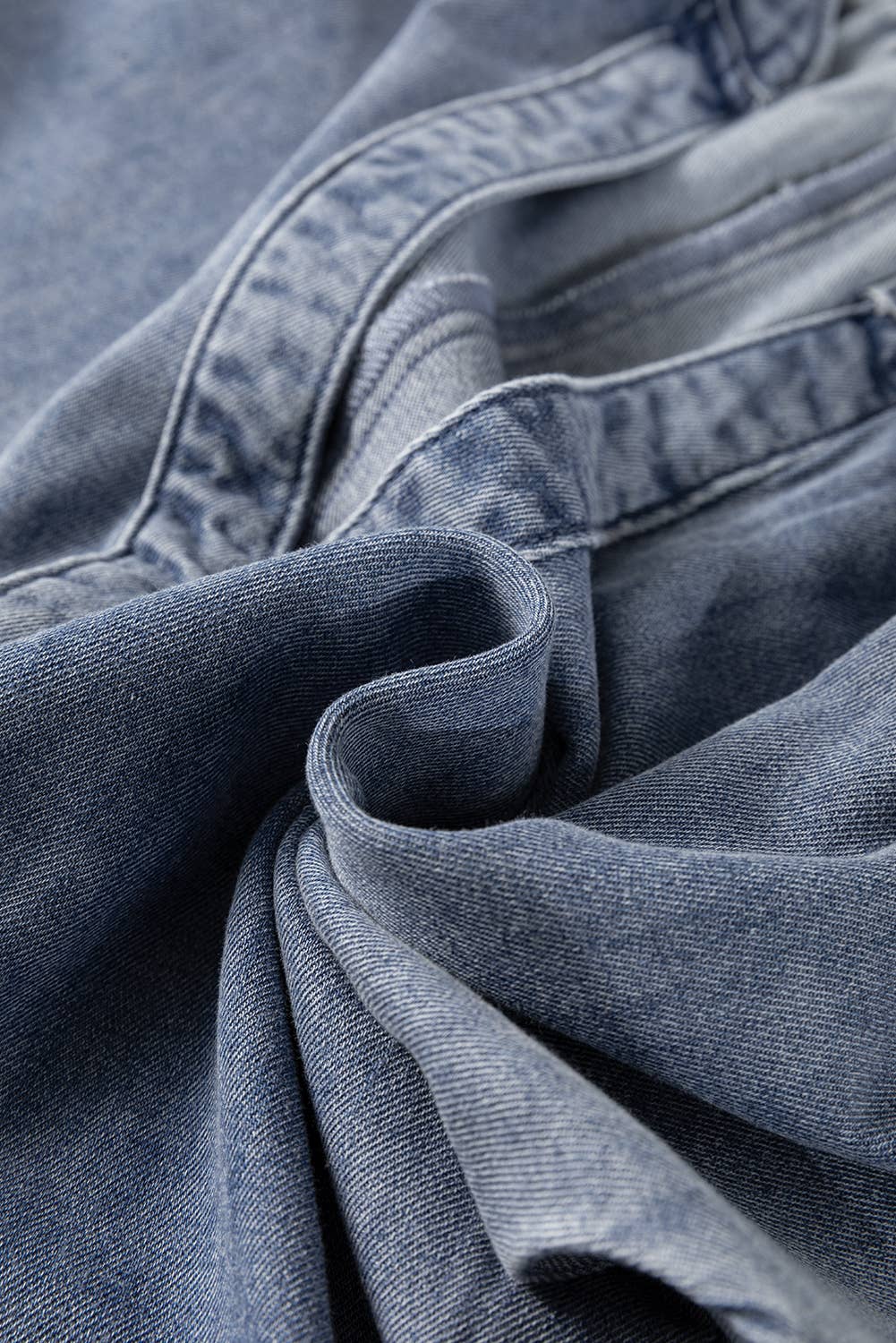 V Neck Ruffled Short Puff Sleeve Denim Top: Blue