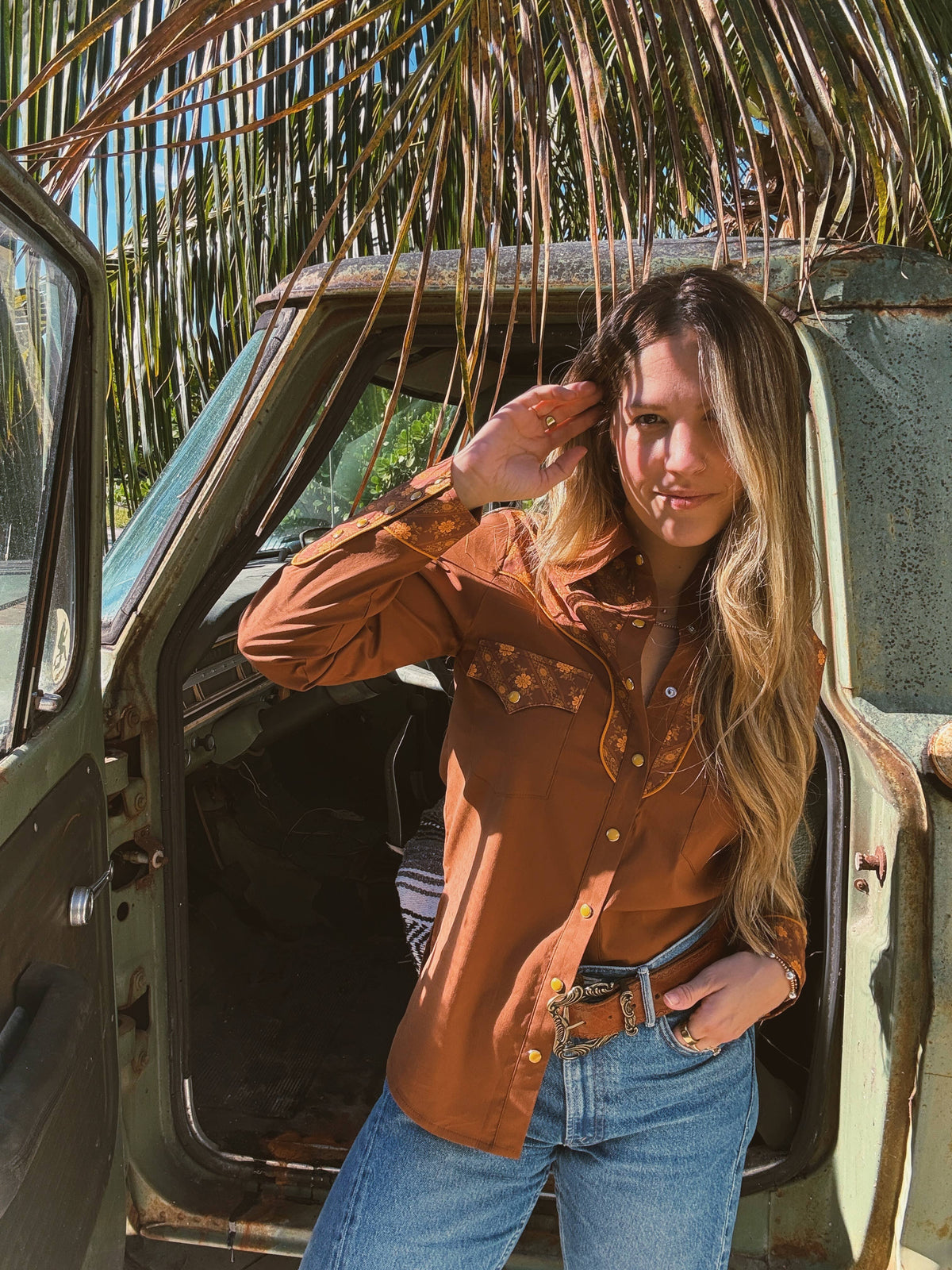 John Wayne Western Pearl Snap Button Up Top In Rust : L