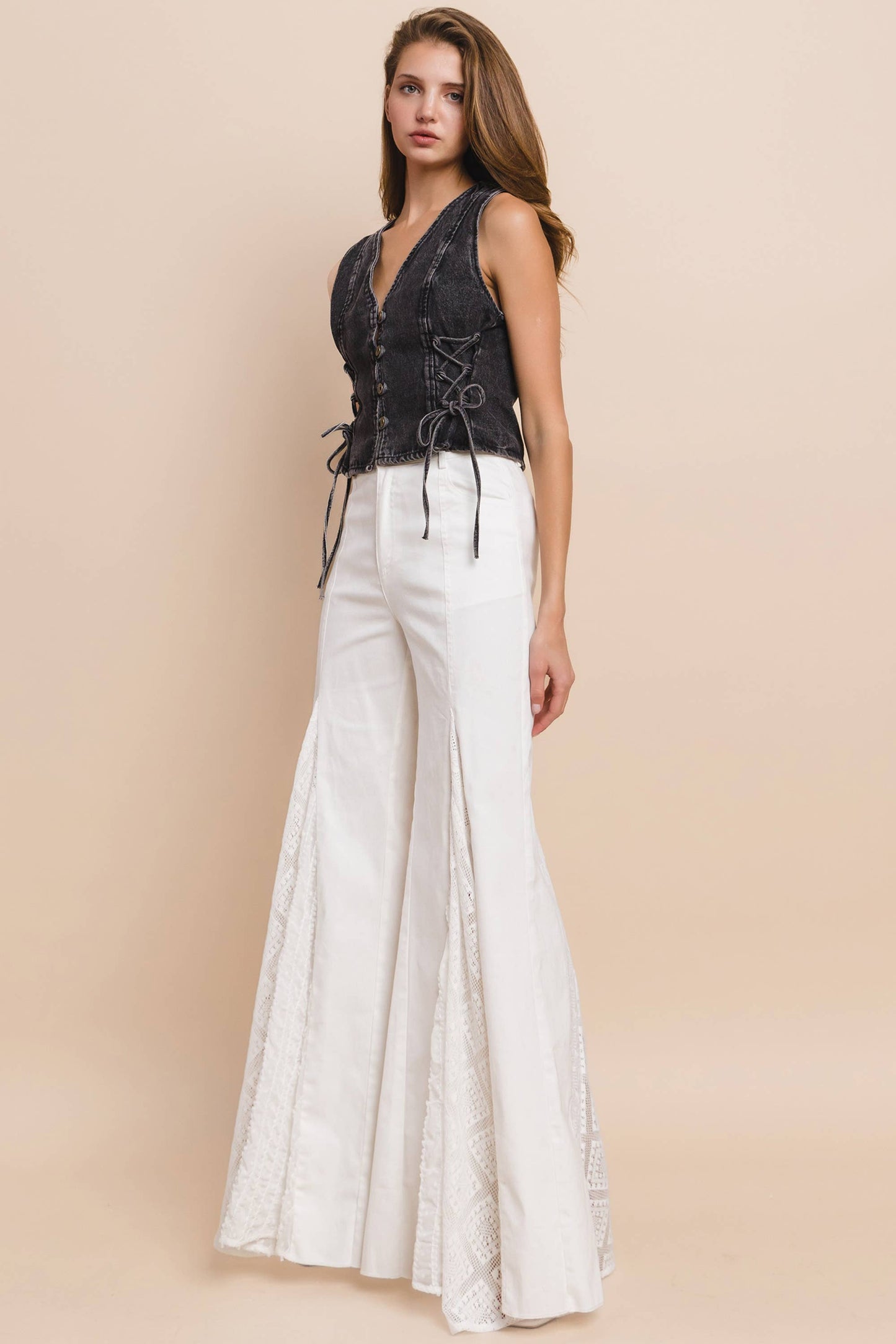 BOHO DENIM VEST TOP WITH LACE UP SIDES - W6402 BLACK: Black / M