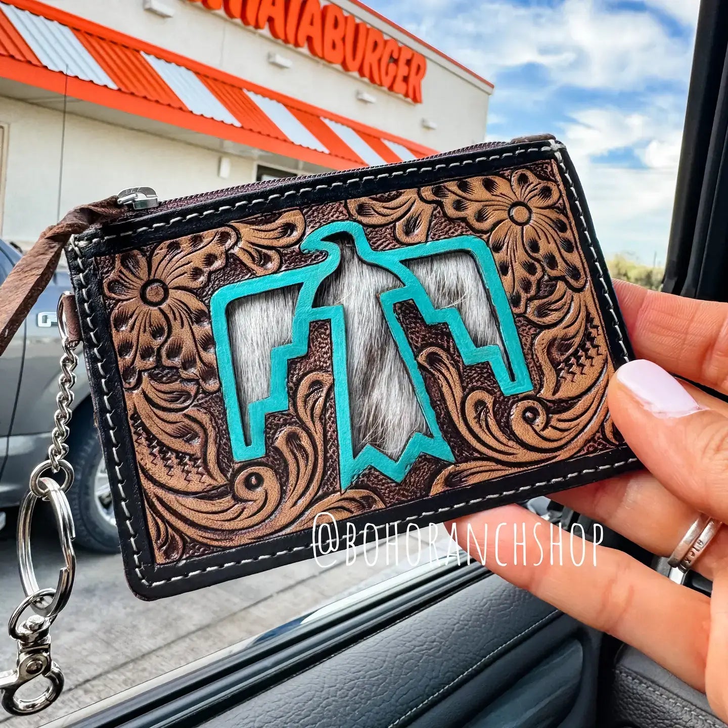 Western Cowhide Leather Keychain Wallet Longhorn Thunderbird: LONGHORN