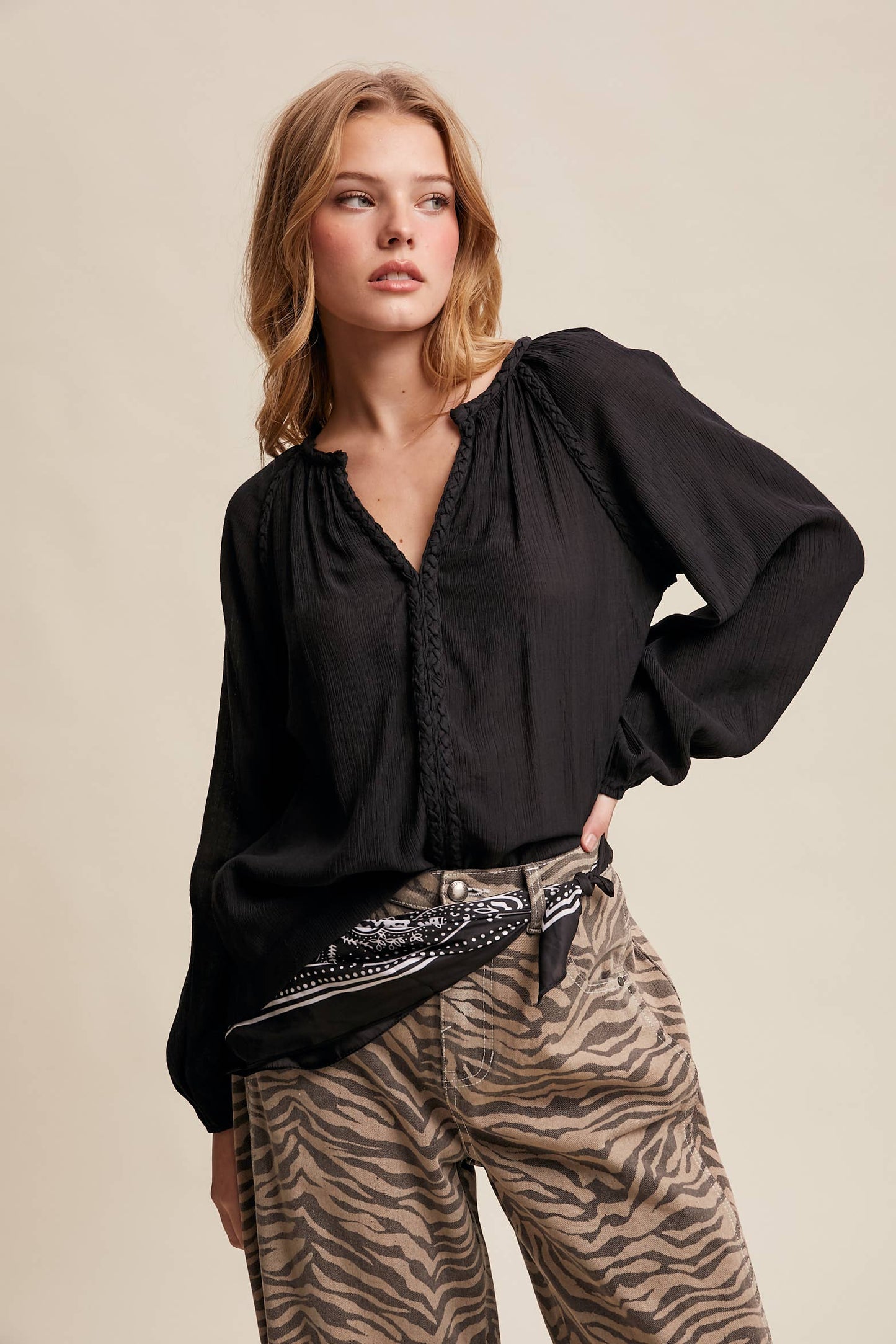 Braided Trim Peasant Blouse LT1447: Ecru / Contemporary / S