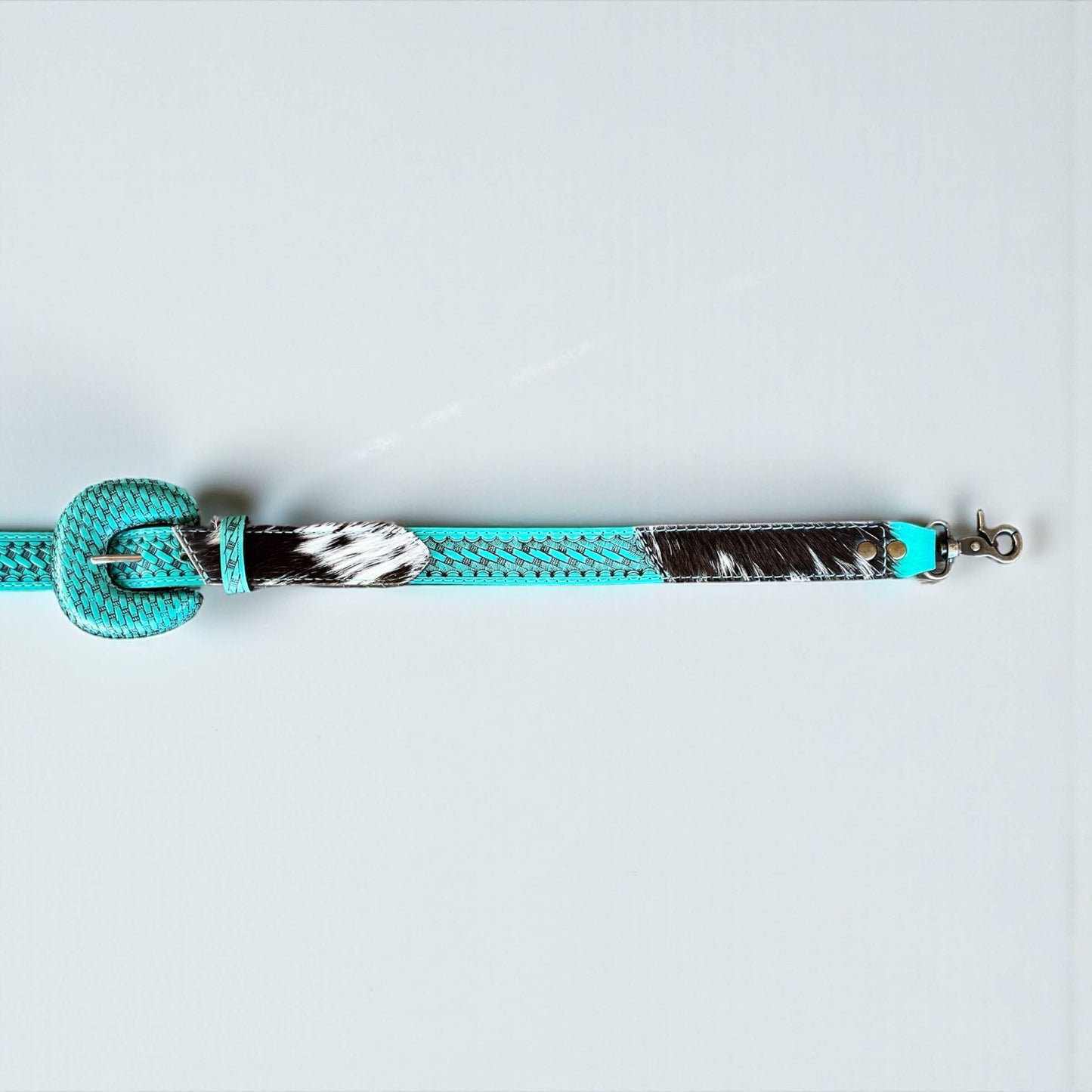 Turquoise tooled leather & cowhide bag strap 