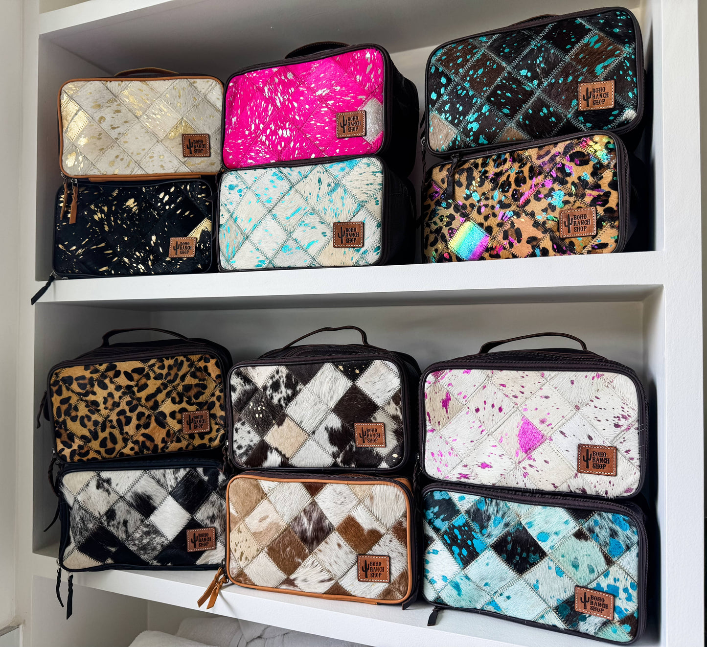 COWHIDE COSMETICS TRAVEL bag Genuine Hair On Leather makeup: BLACK + WHITE COWHIDE