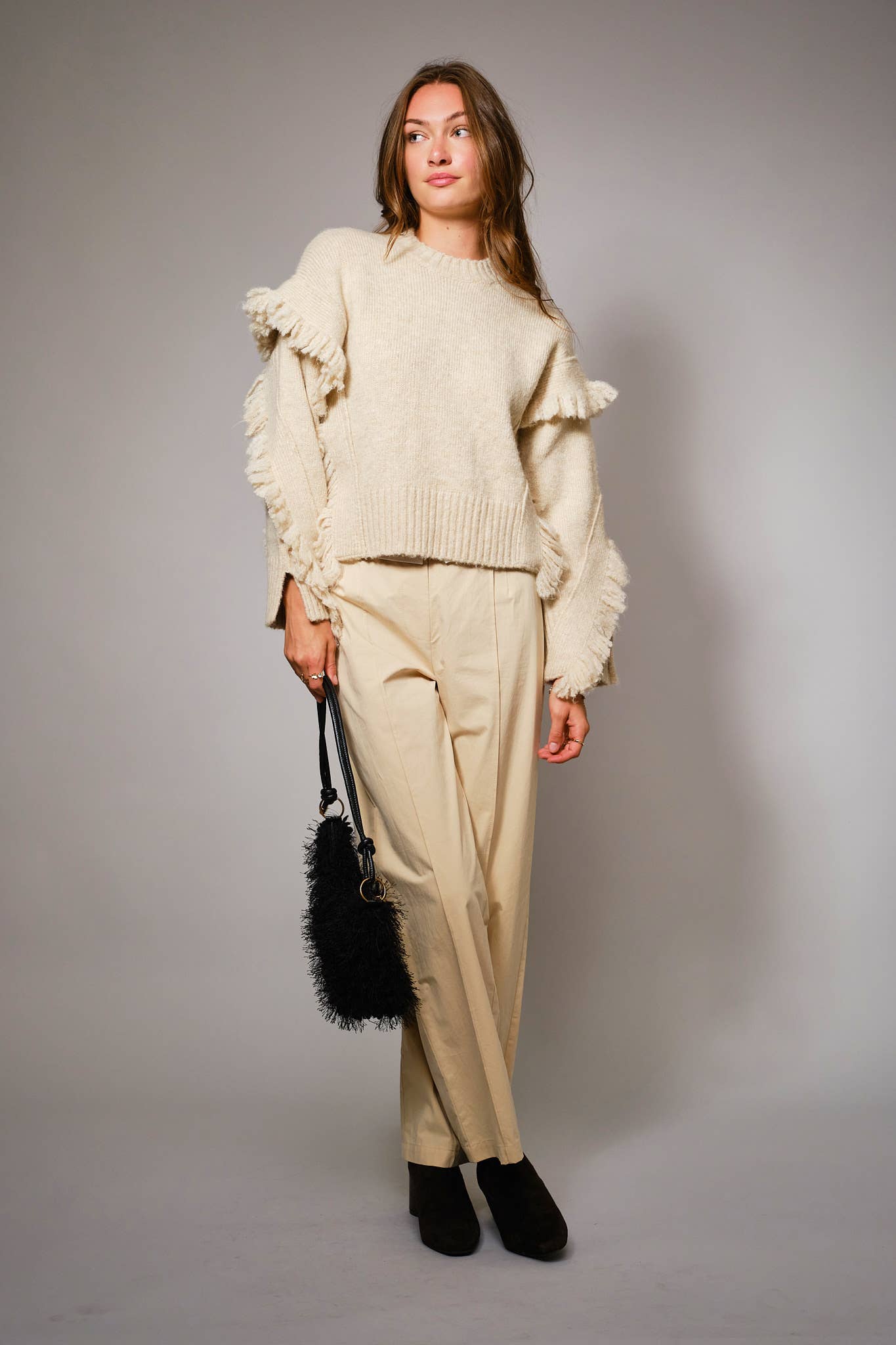 36826W - Fringe Detail Pullover Sweater: TAUPE / L