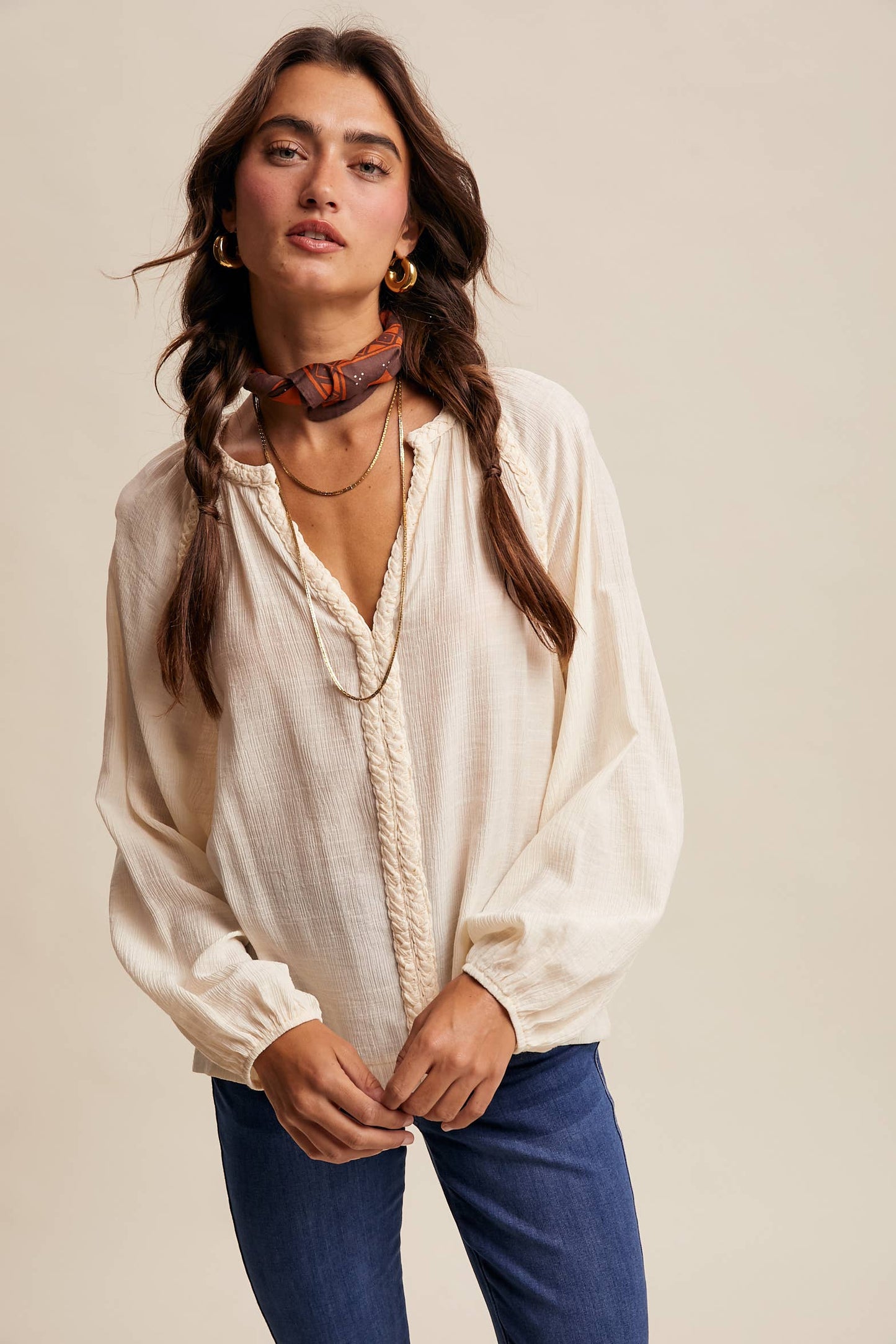 Braided Trim Peasant Blouse LT1447: Ecru / Contemporary / S