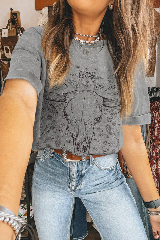 Light Grey Western Steer Head Tie Dye Print Crew Neck T Shirt: Light Grey / 95%Cotton+5%Elastane / M