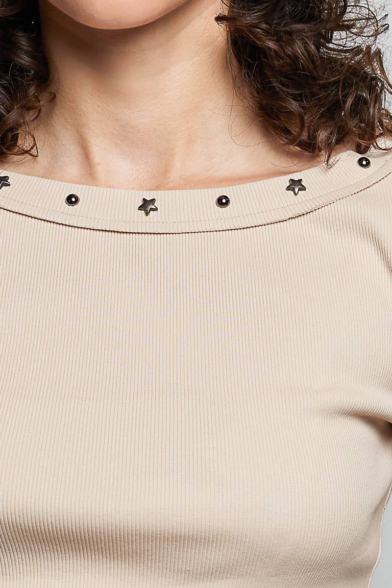 Star Accents Stud Wide Scoop Long Sleeves Rib Knit Top: Black / S
