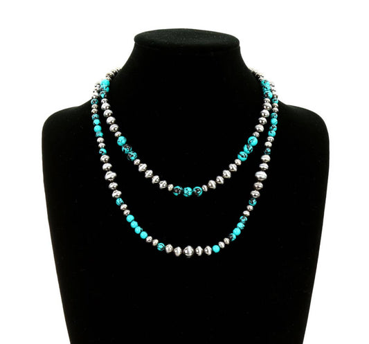 Western 2 Layer Navajo Style Pearl Necklace: SILVER\ TURQUOISE