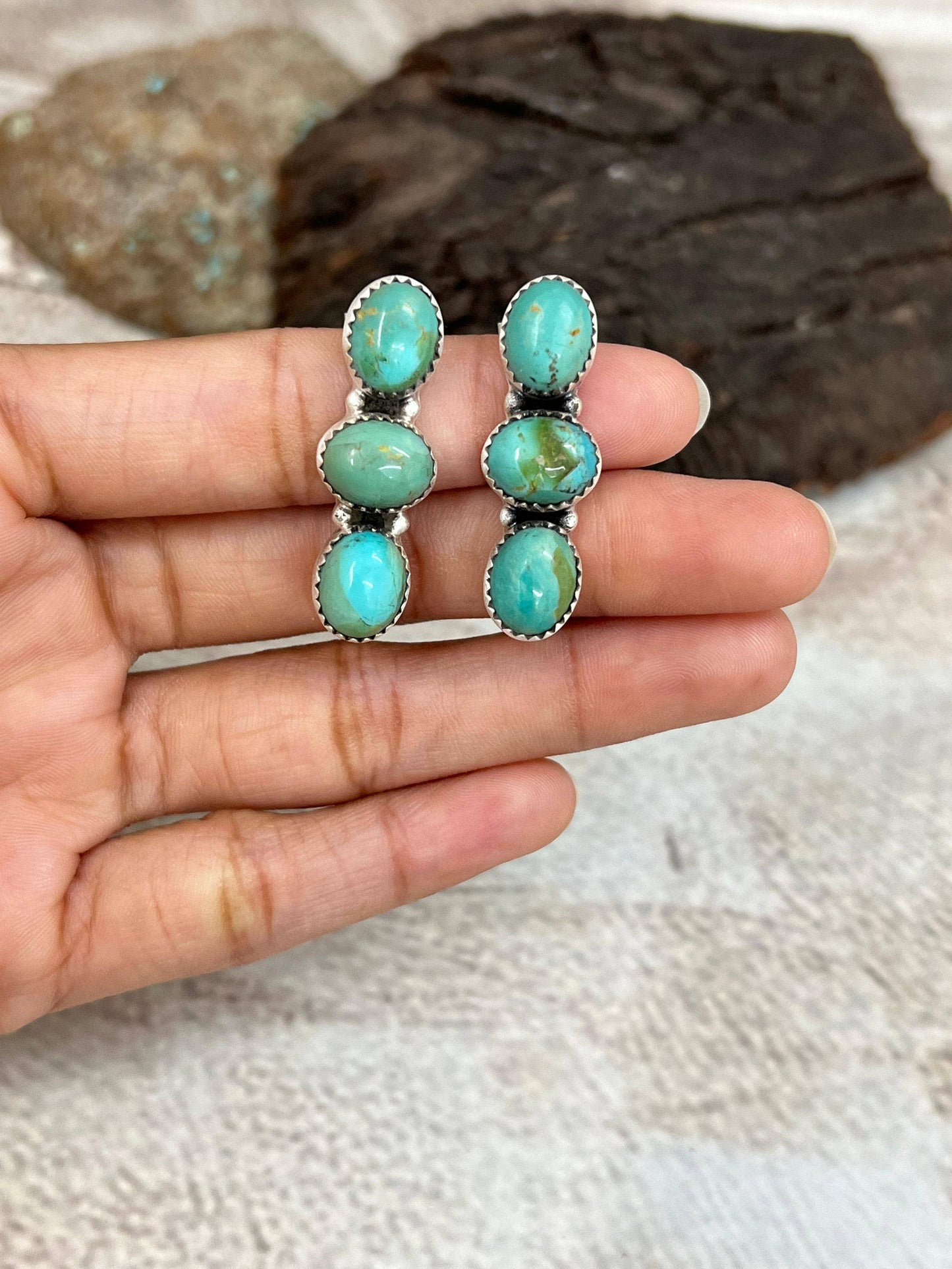 Handmade Sterling Silver Kingman Turquoise Post Dangle Earrings, Signed Nizhoni: Kingman Turquoise / Dangle