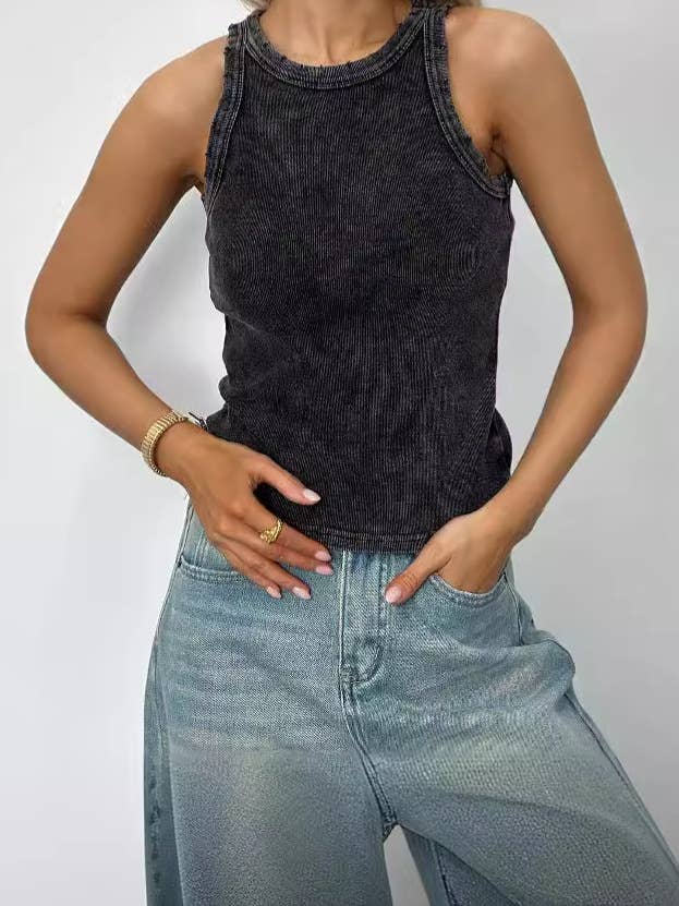 Distressed Washed Rib Round Neck Basic Tank Top: Black