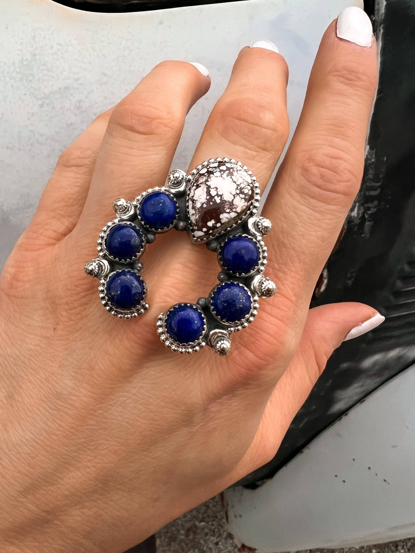 Squash Blossom Horseshoe Sterling Silver Ring | Multiple Stone Options!: Adjustable / Turquoise