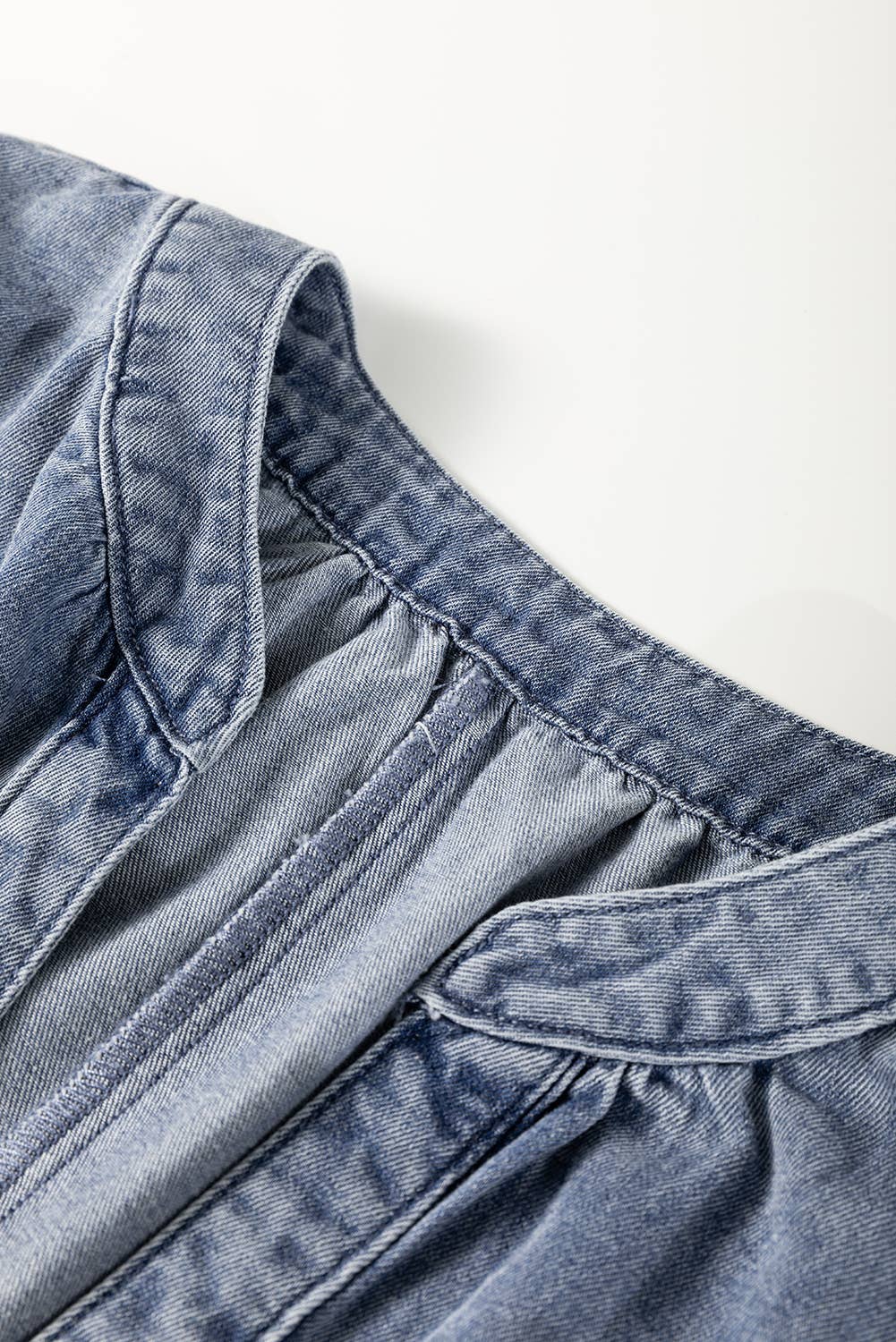 V Neck Ruffled Short Puff Sleeve Denim Top: Blue / XL