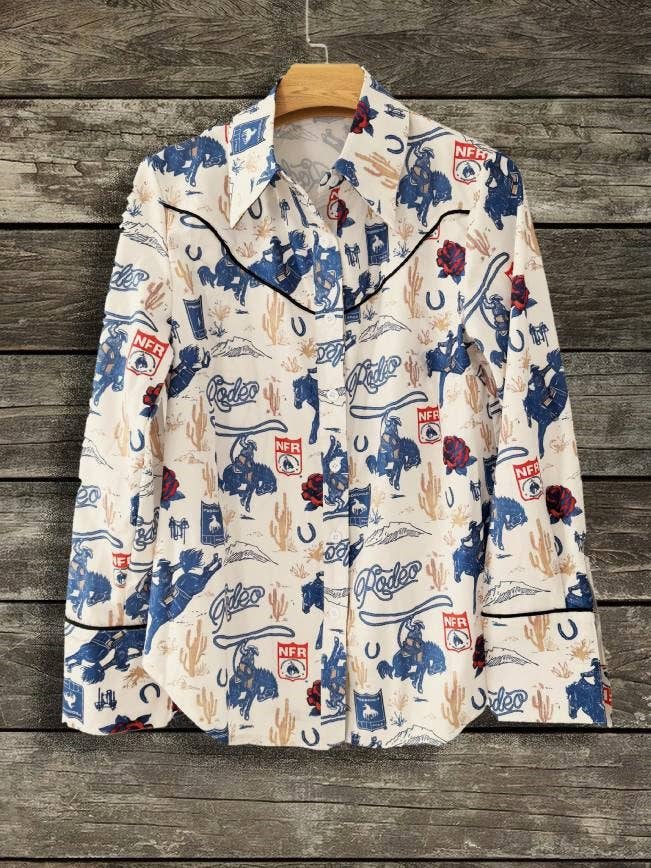 Button Up Western Cowgirl Graphic Shirt Top: Rodeo
