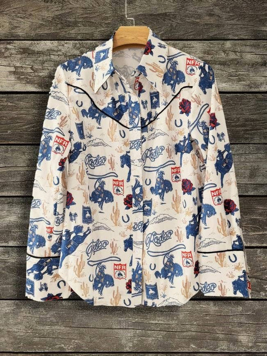 Button Up Western Cowgirl Graphic Shirt Top: Rodeo