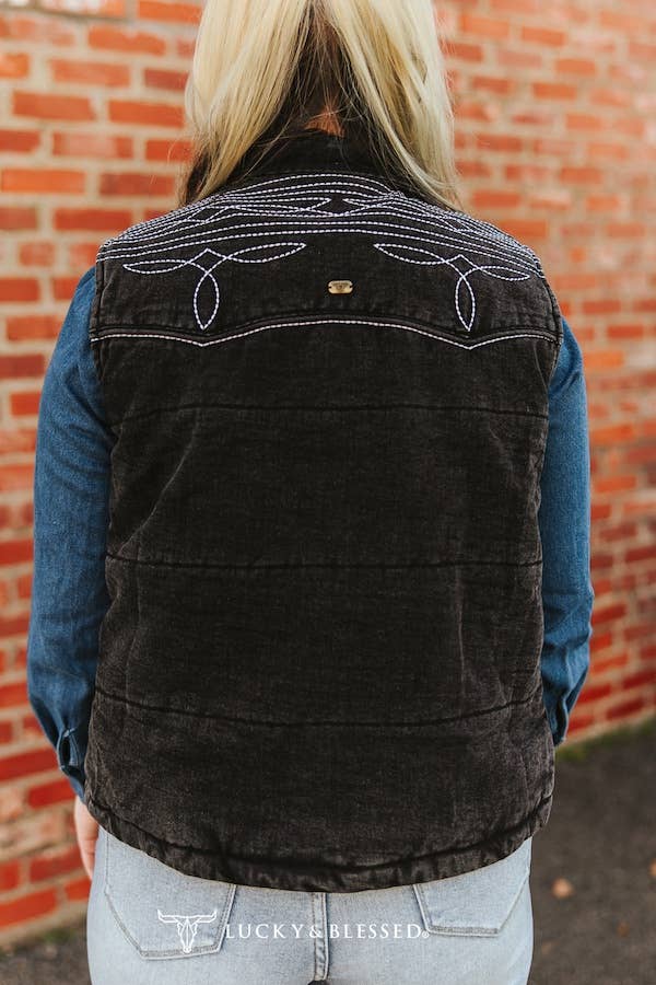 Black Denim Puffer Studded Embroidered Vest