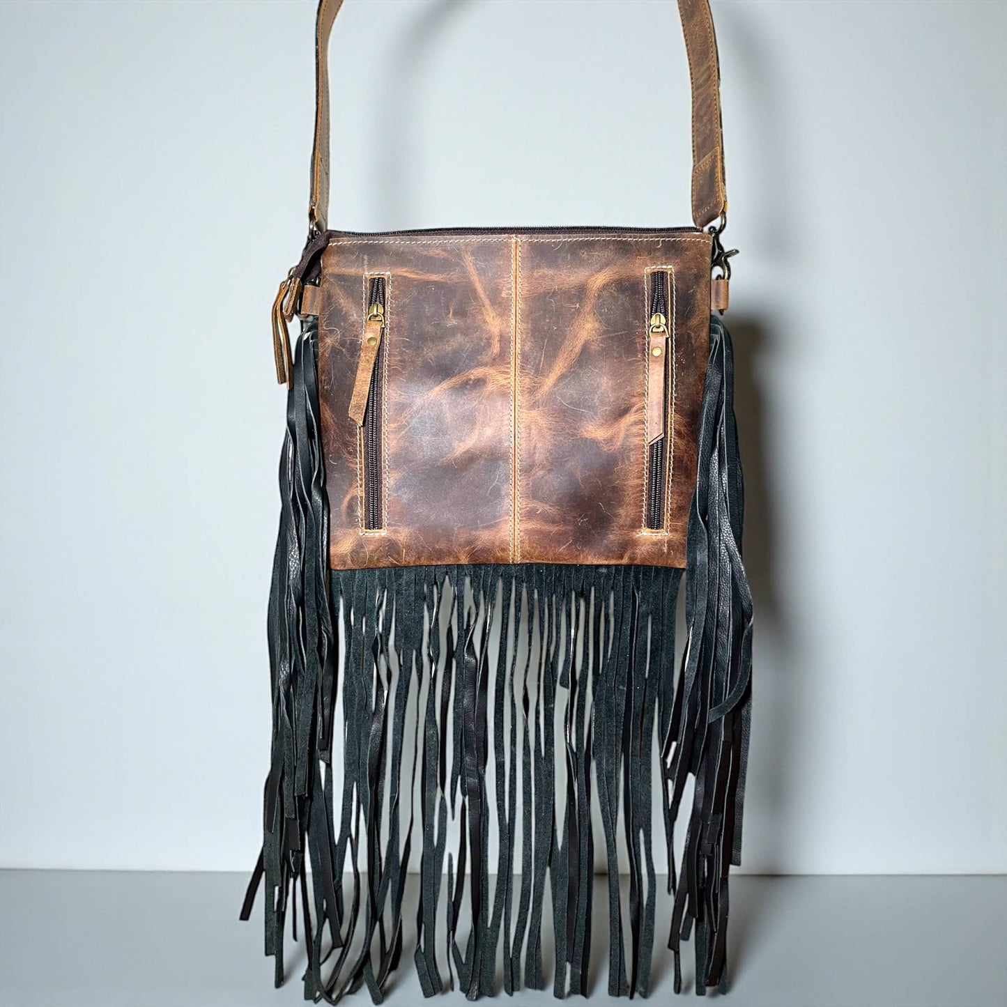 Turquoise jackpot tooled leather & cowhide crossbody bag 