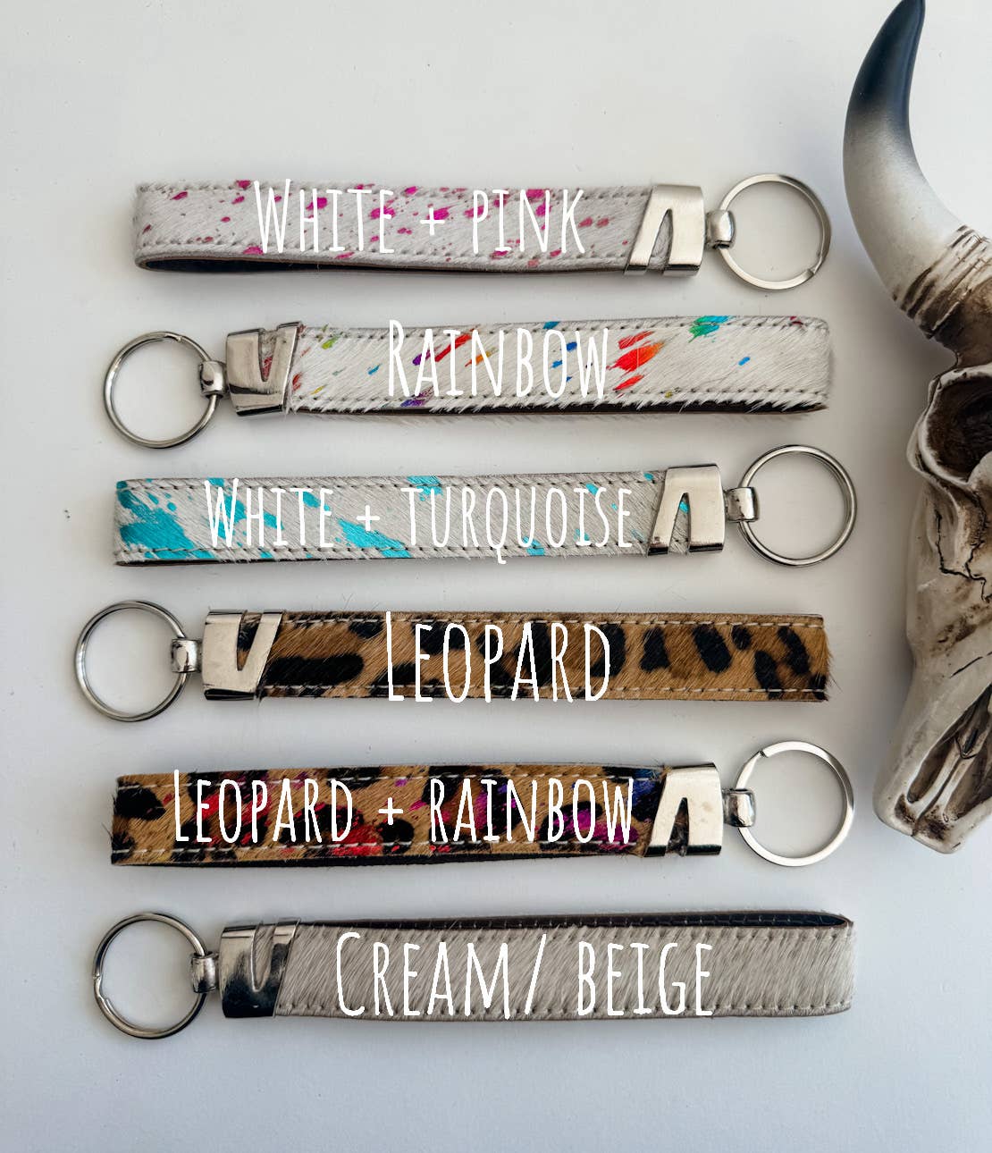 Western Hair On Cowhide Keychain: Brown + Turq Specs