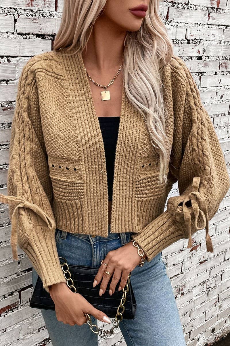 CWOCAL0850_LONG SLEEVE BOW TIE KNIT CARDIGAN SWEATER: KHAKI / (M) 1