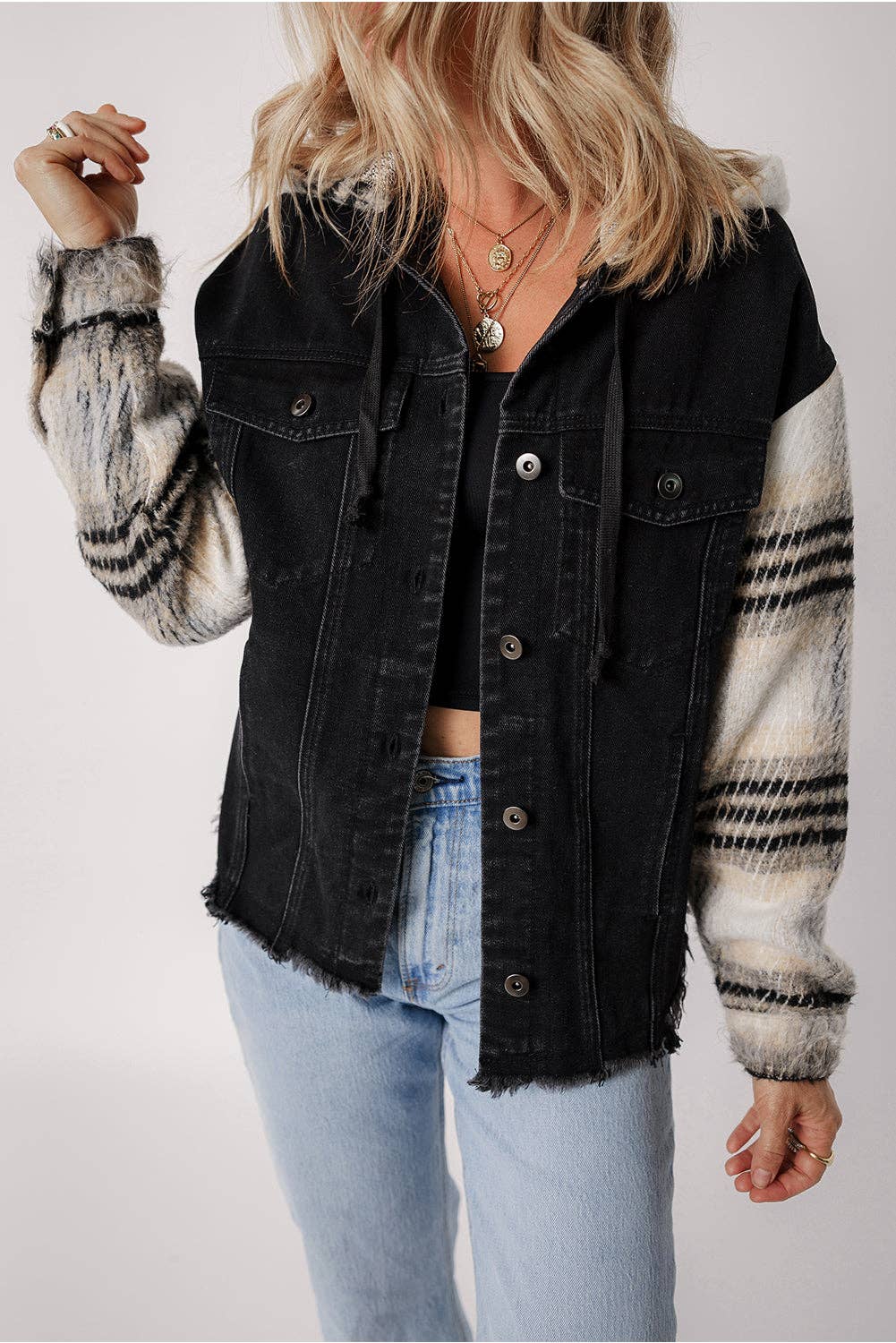 Denim Plaid Colorblock Hooded Jacket: Black
