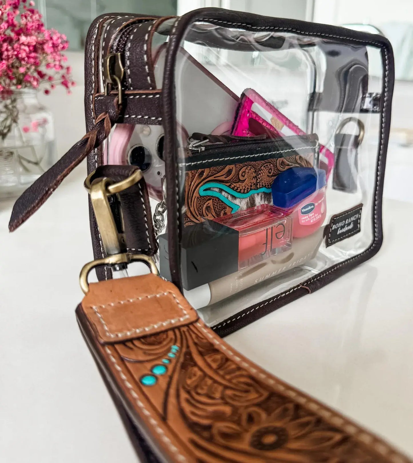 DARLA CLEAR WRISTLET | hand tooled strap - western purse: BROWN