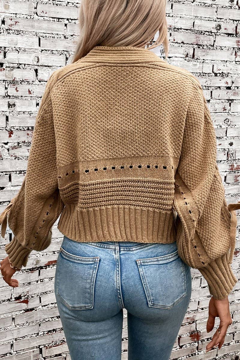 LONG SLEEVE BOW TIE KNIT CARDIGAN SWEATER: KHAKI