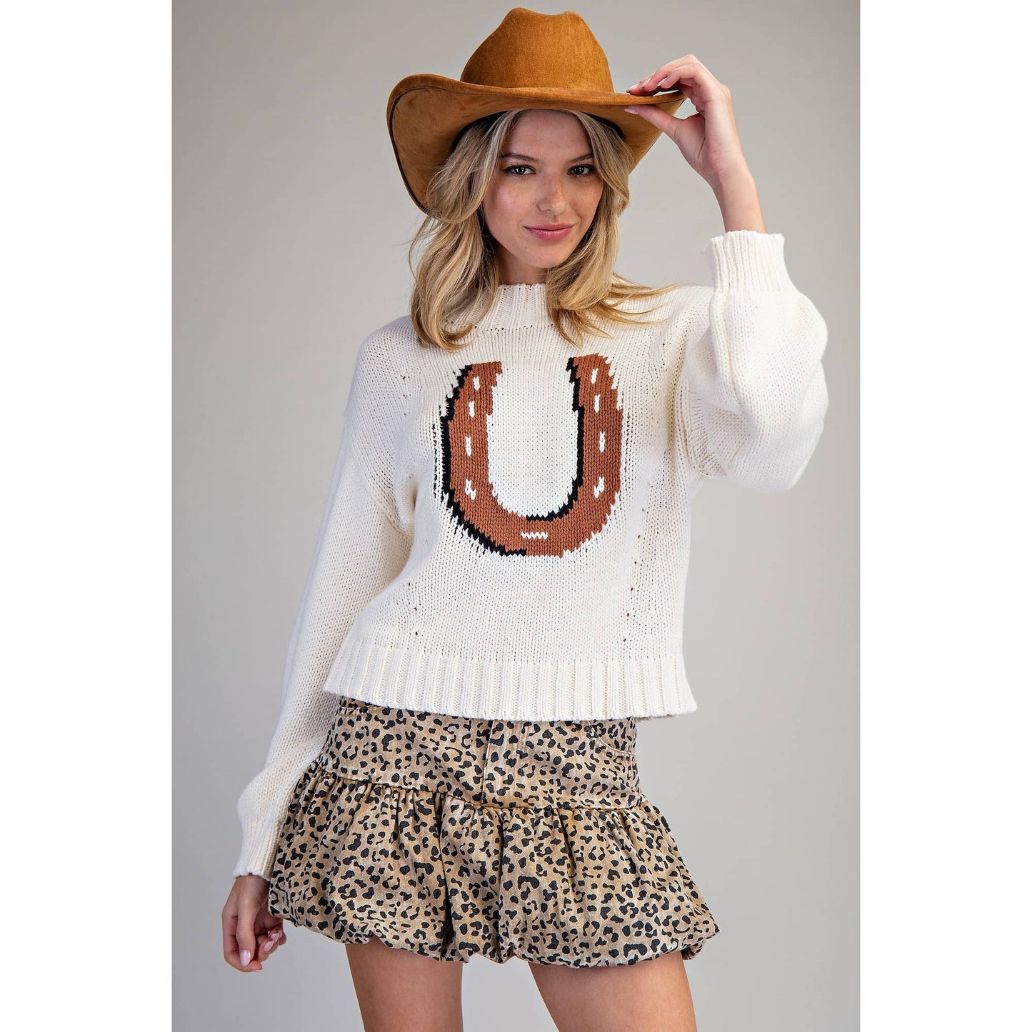 Horseshoe Long Sleeve Sweater Top: VANILLA FROST