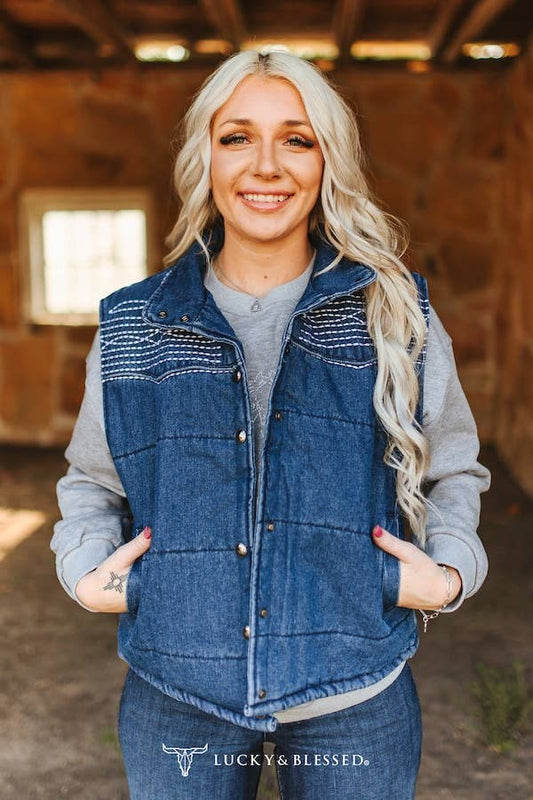 Midwash Denim Puffer Studded Button Down Vest