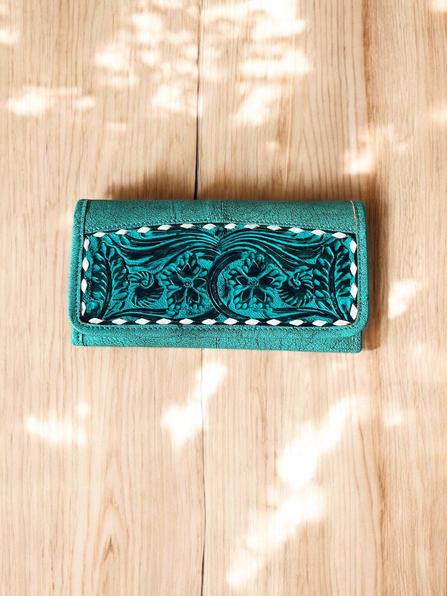 Turquoise Rustic Tooled Leather Floral Women's Wallet