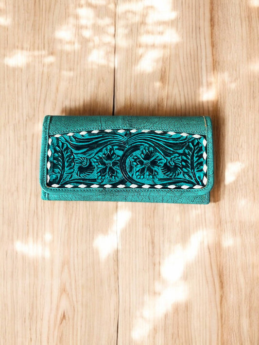 Turquoise Rustic Tooled Leather Floral Women's Wallet