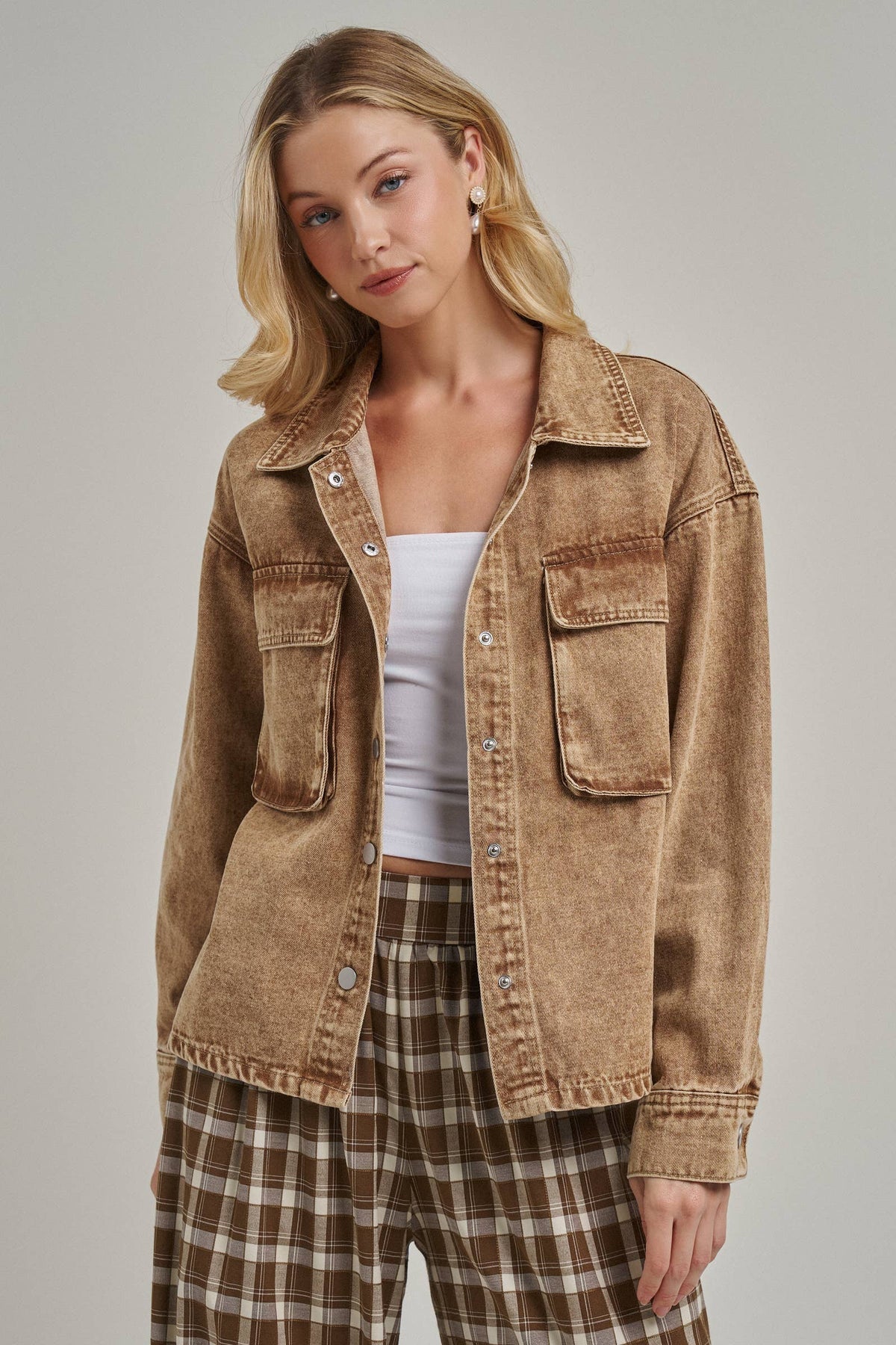 VINTAGE WASHED WESTERN INSPIRED SHACKET _JLT00321-03: VINTAGE TAUPE / S-M-L(2-2-2)