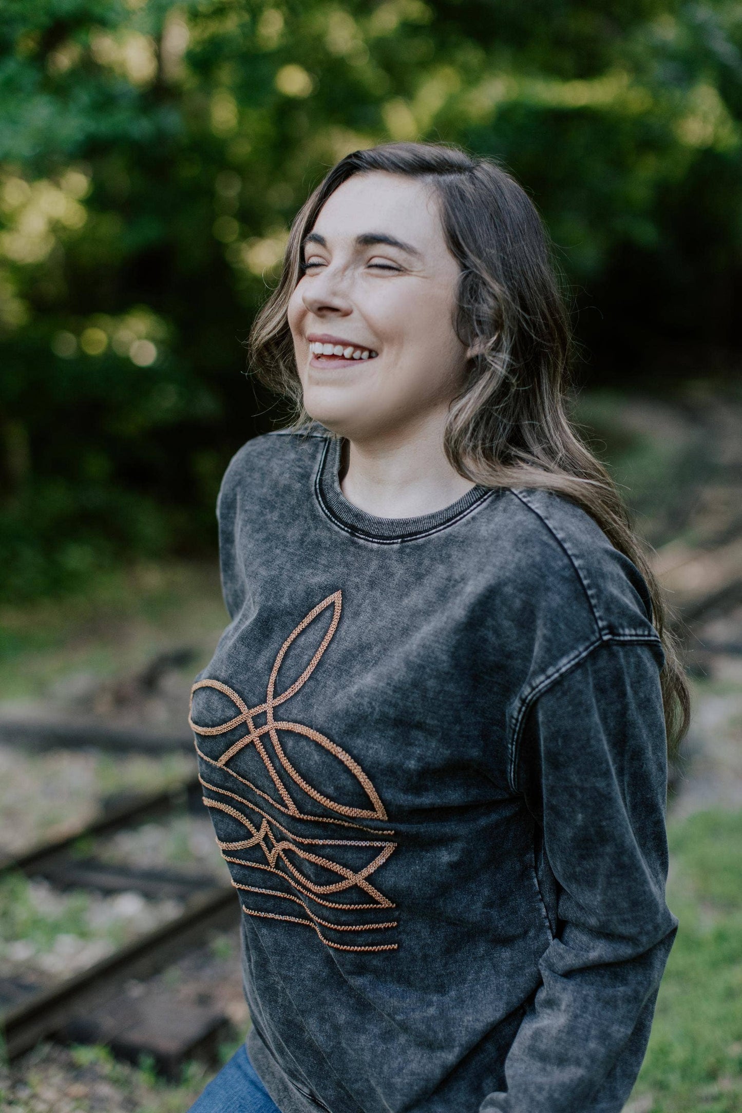 Sequin Boot Stitch Acid Washed Sweatshirt: Charcoal