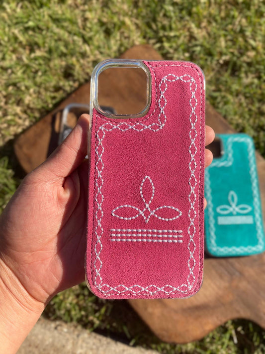 Pink Boot-Stitch Suede Leather Phone Case : Pink / 16 Pro