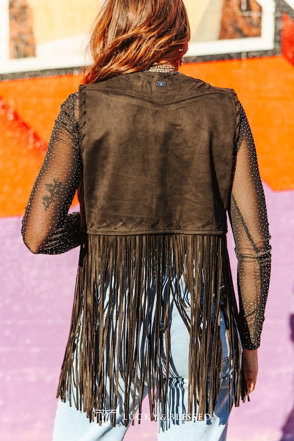 Black Suede Fringe Handmade Stitched Studded Vest