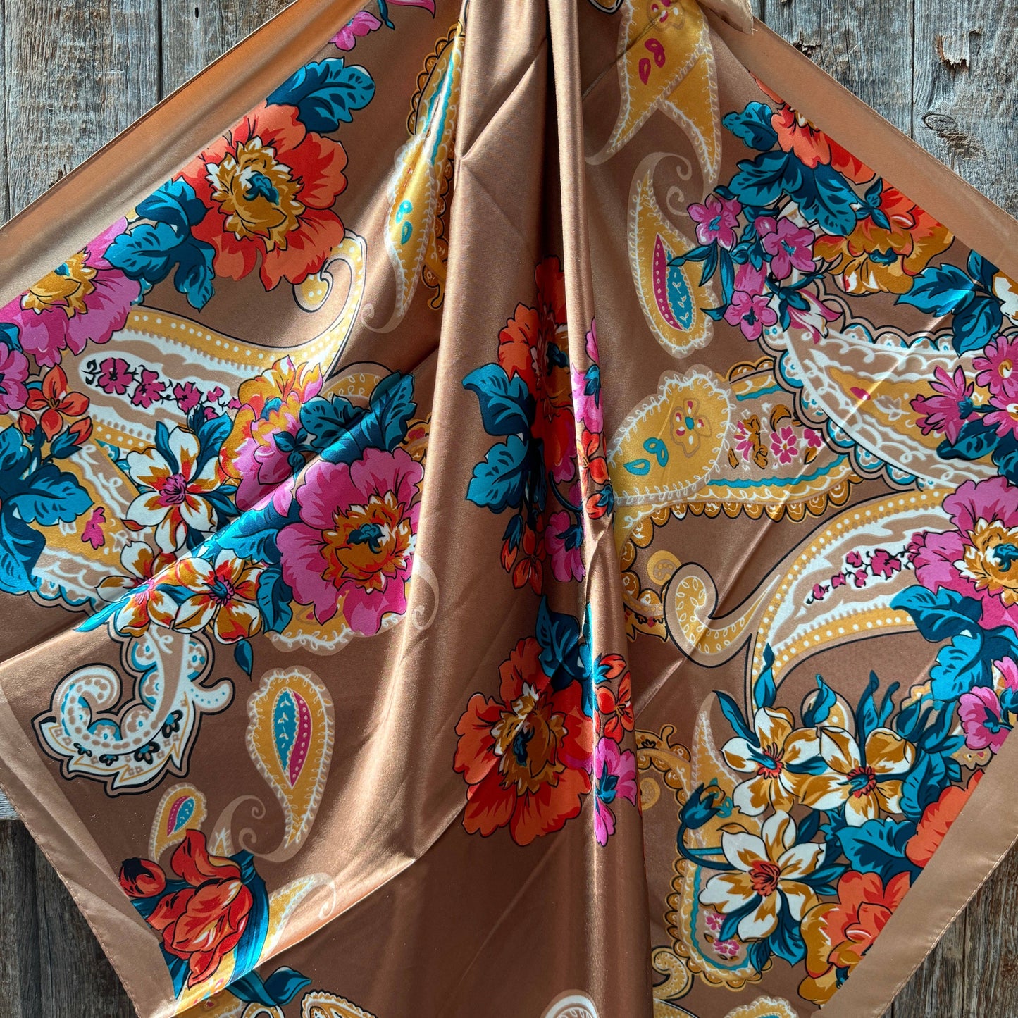35X35" Tan Big Floral Wild Rag / Scarf