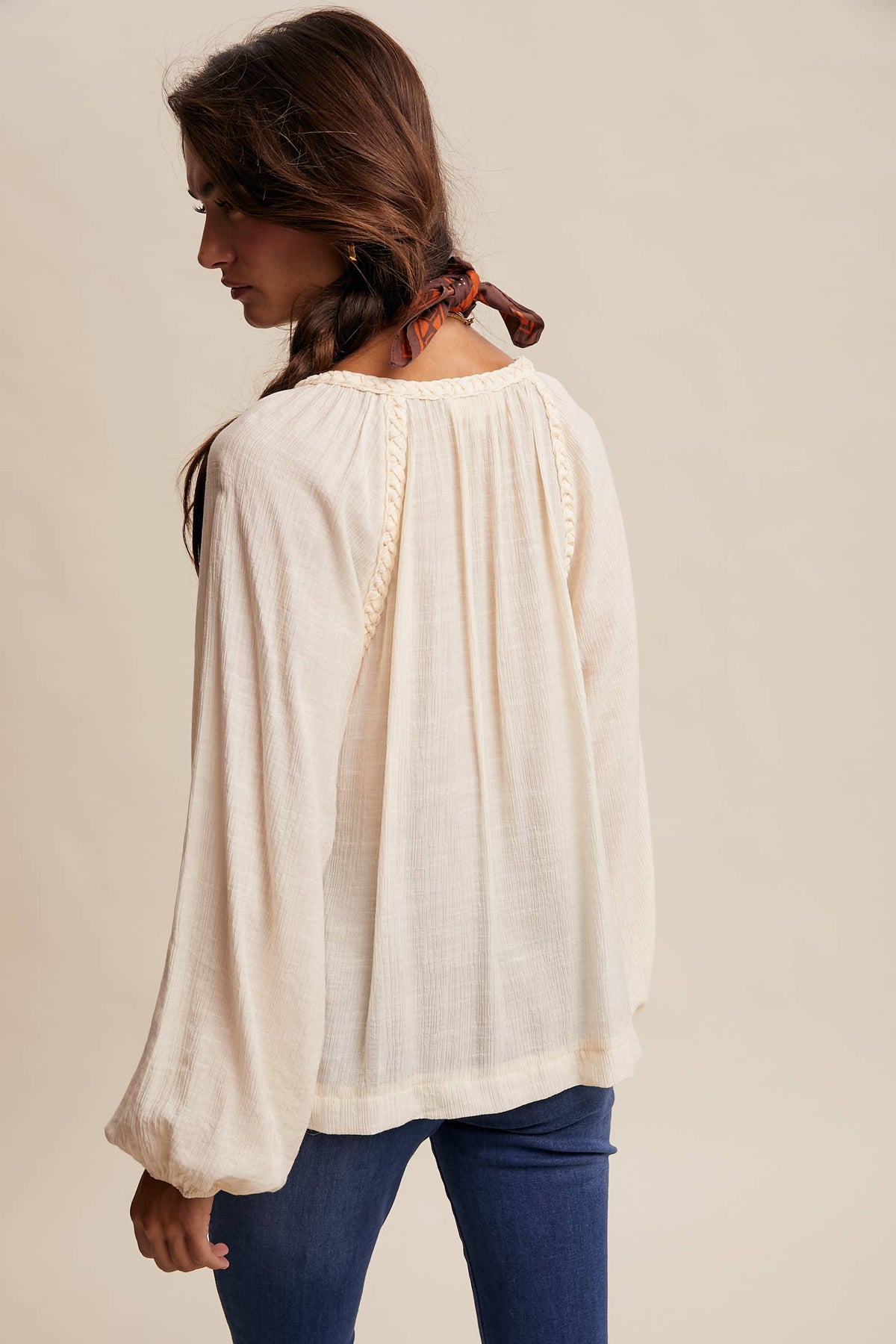 Braided Trim Peasant Blouse LT1447: Ecru / Contemporary / M