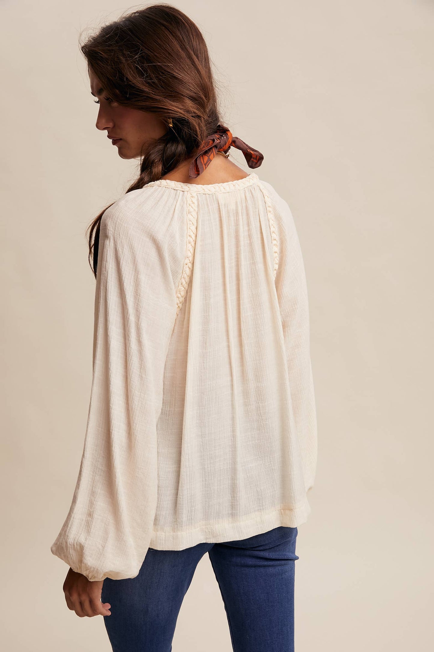 Braided Trim Peasant Blouse LT1447: Ecru / Contemporary / S