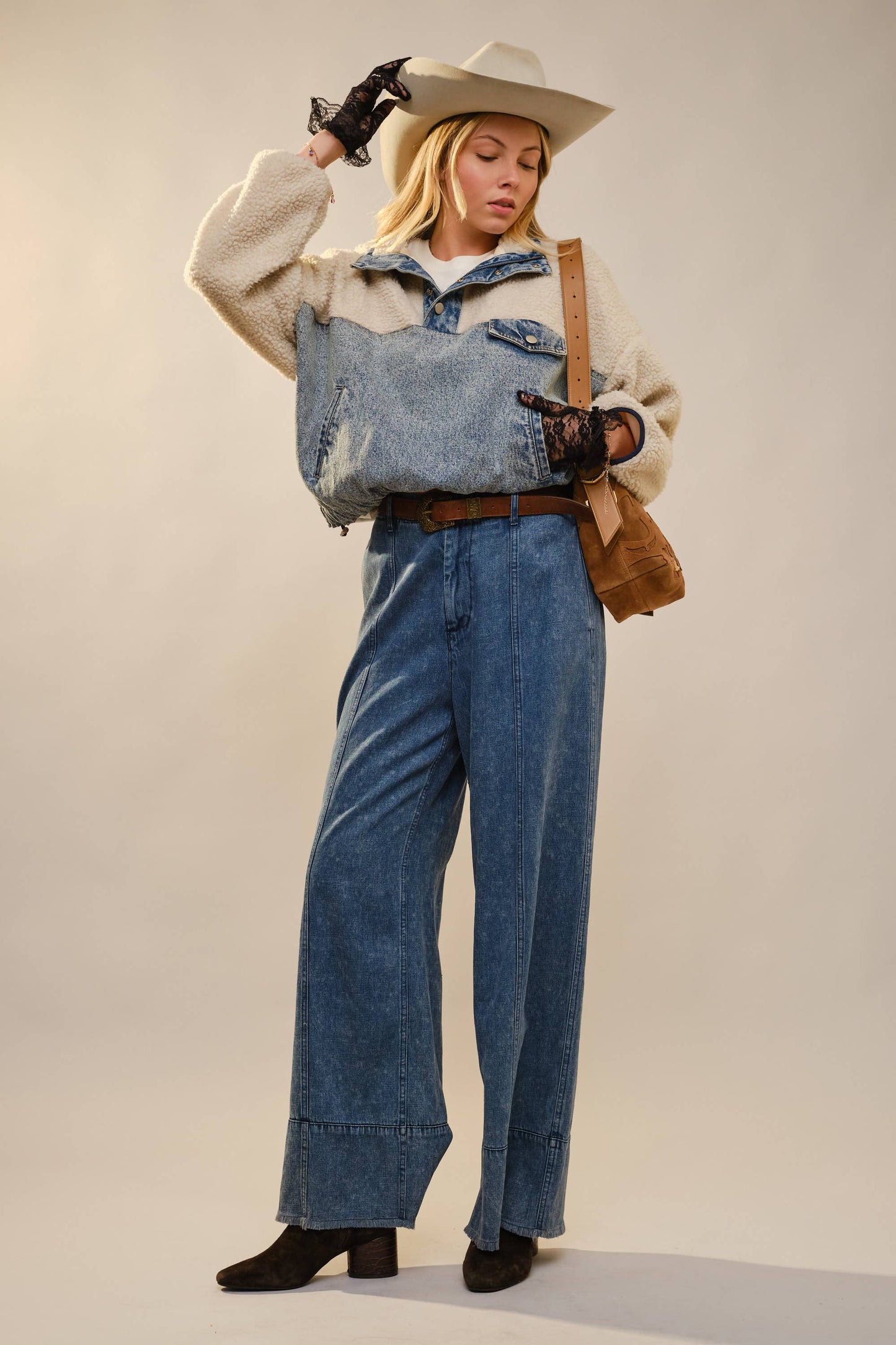 Sherpa Denim Quarter Zip Pullover: MED WASH / S-M-L