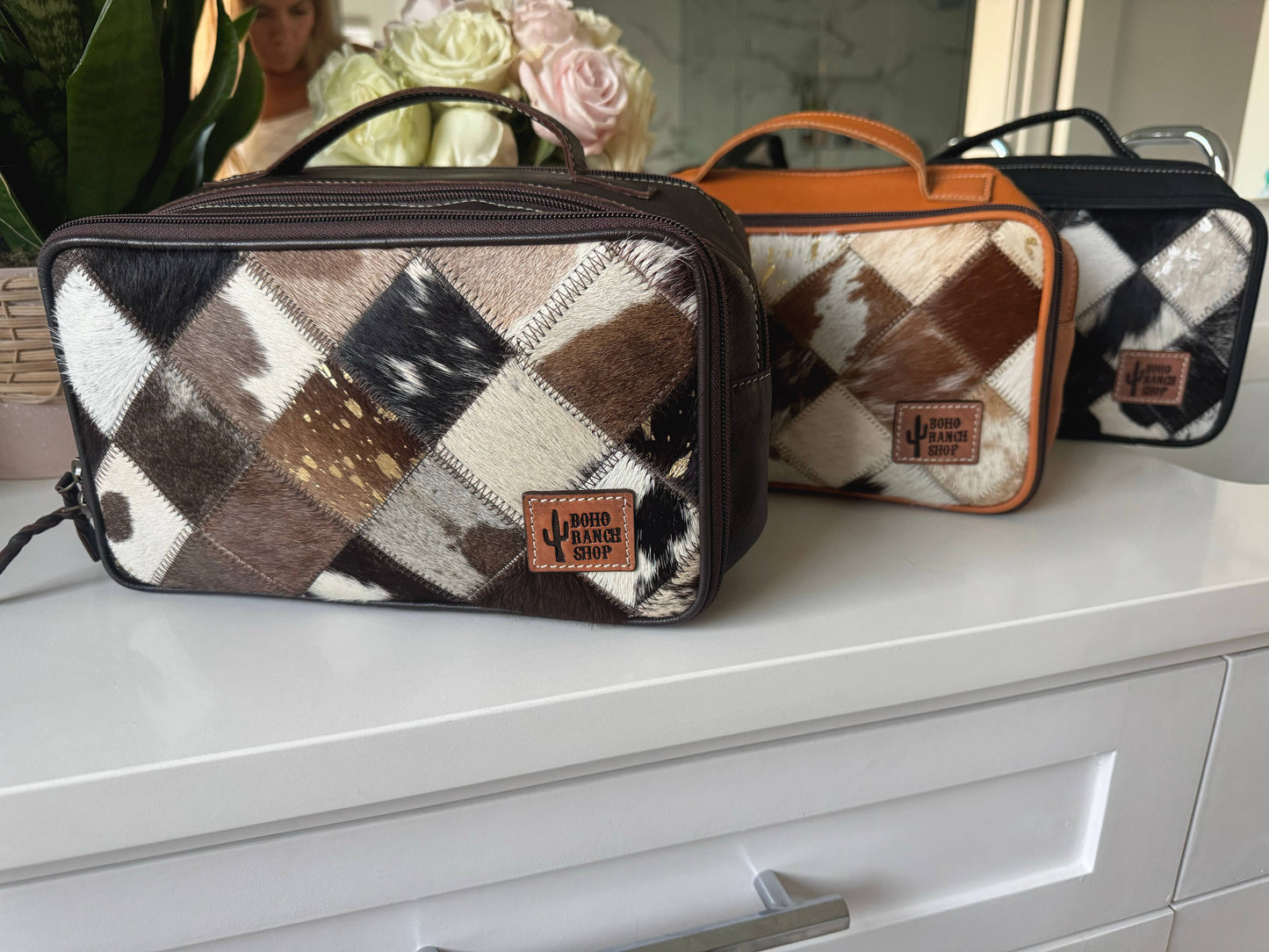 COWHIDE COSMETICS TRAVEL bag Genuine Hair On Leather makeup: BLACK + WHITE COWHIDE