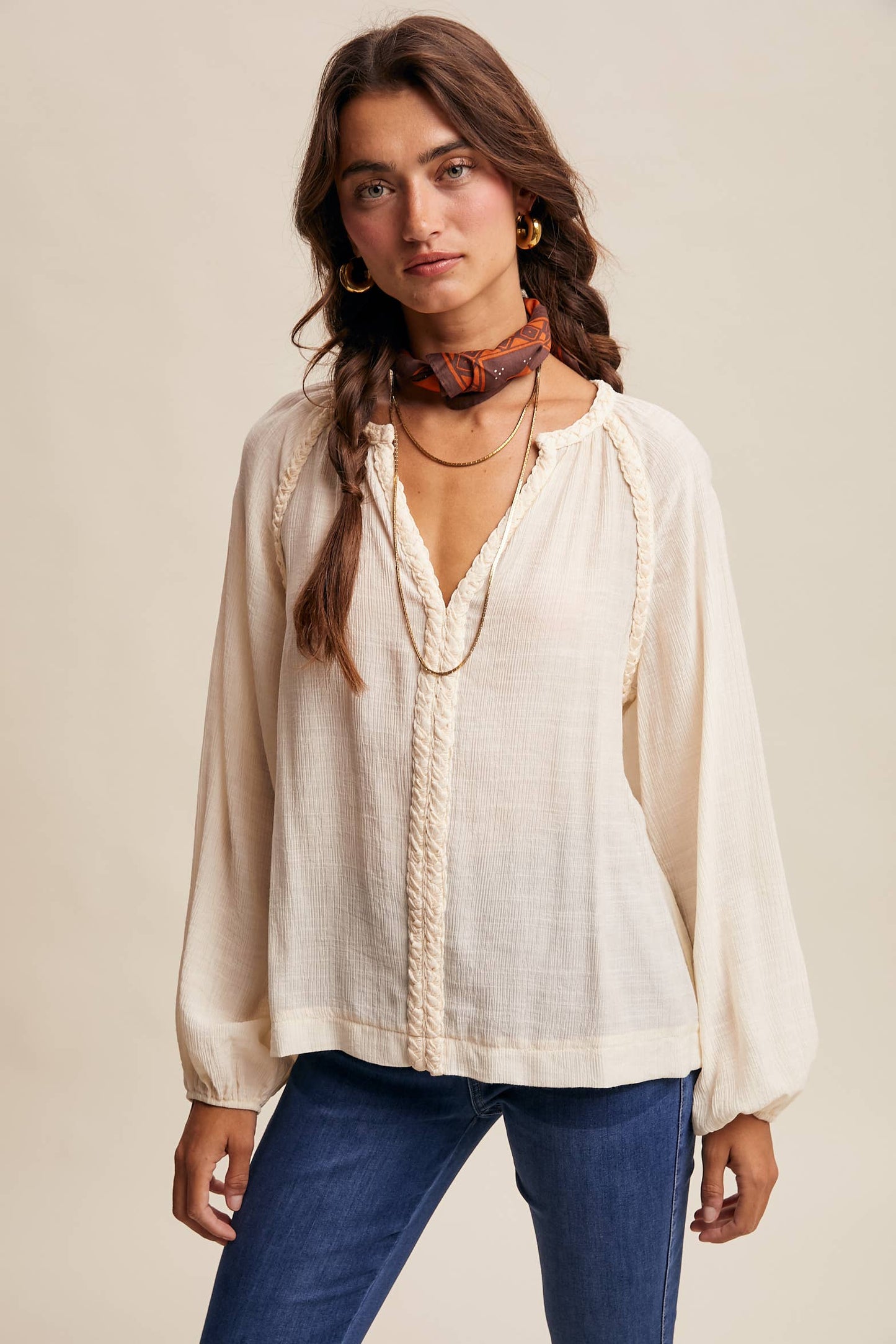 Braided Trim Peasant Blouse LT1447: Ecru / Contemporary / S