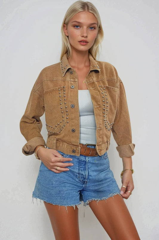 STUDDED CROPPED WASHED DENIM JACKET: M