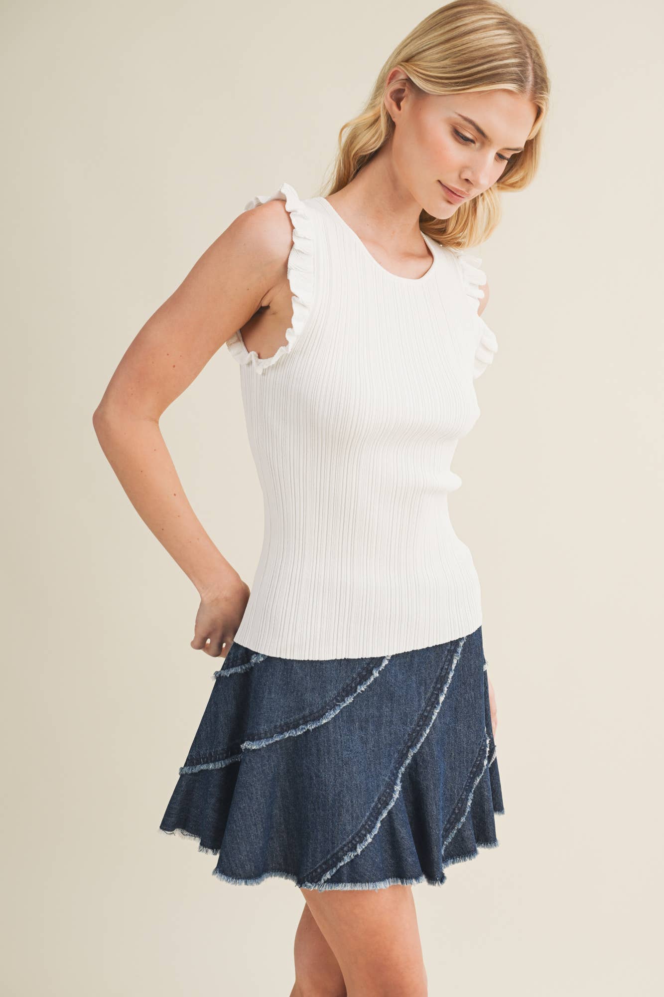 Plisse Shoulder Linear Ribbed Top: Black