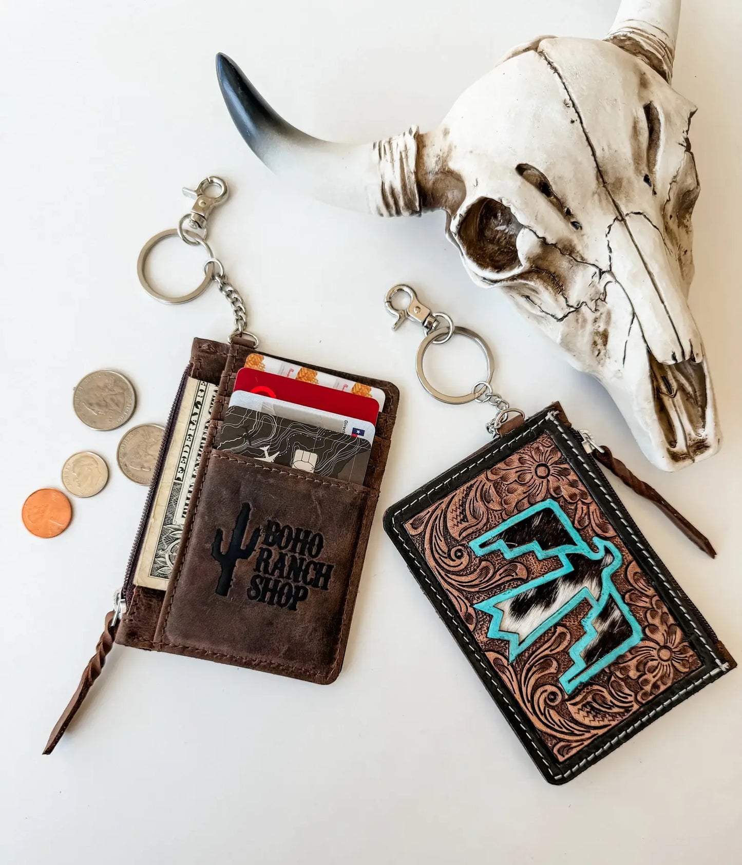 Western Cowhide Leather Keychain Wallet Longhorn Thunderbird: LONGHORN