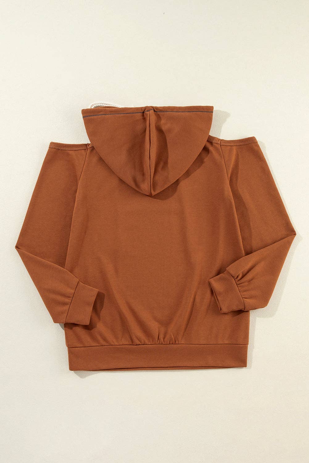 Solid Cold Shoulder Drawstring Hoodie: Cinnamon / S