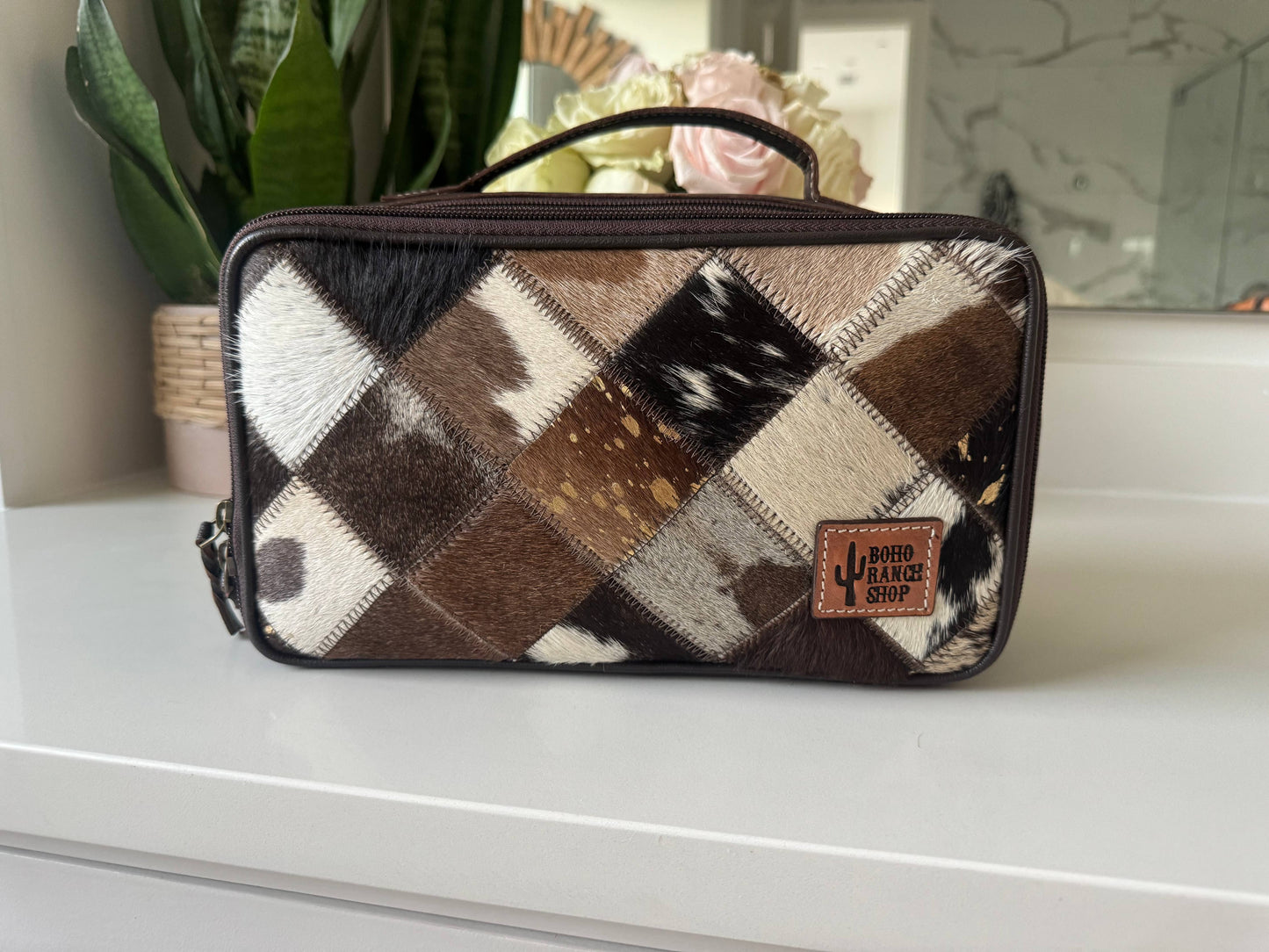COWHIDE COSMETICS TRAVEL bag Genuine Hair On Leather makeup: BLACK + WHITE COWHIDE