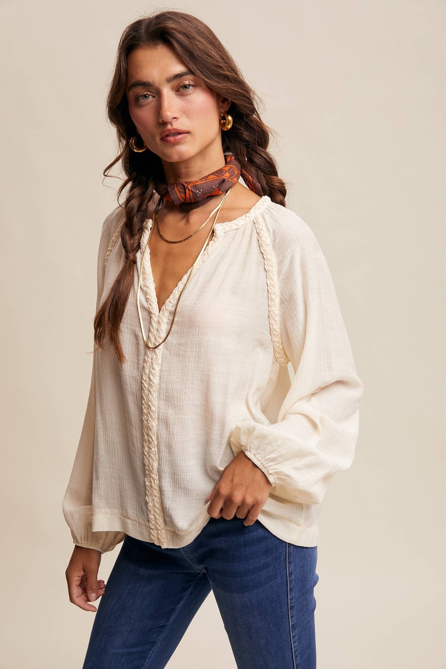 Braided Trim Peasant Blouse LT1447: Ecru / Contemporary / S