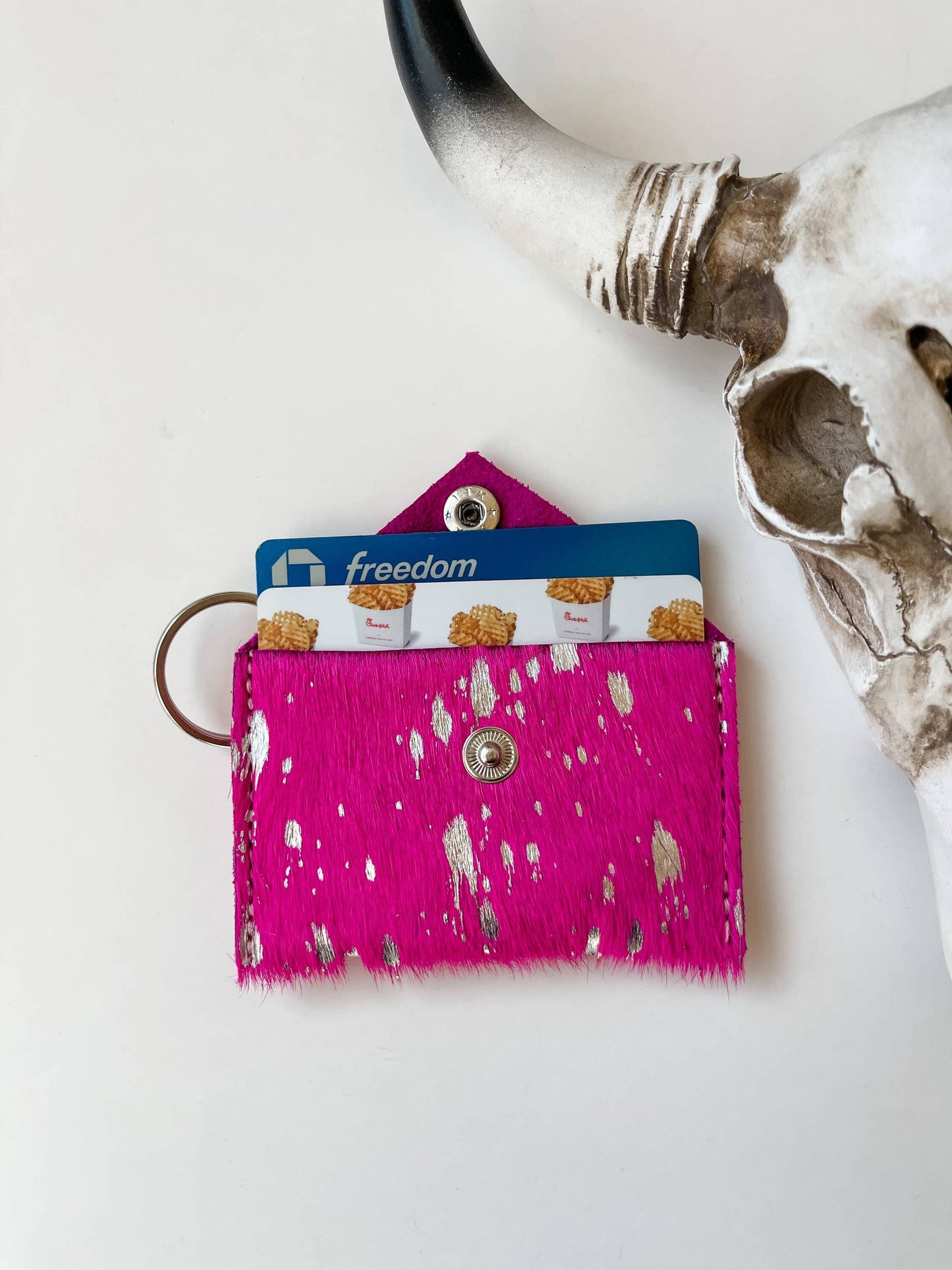 Cowhide Credit Card Holder Keychain - Gift Card holder: Pink + Silver Specs