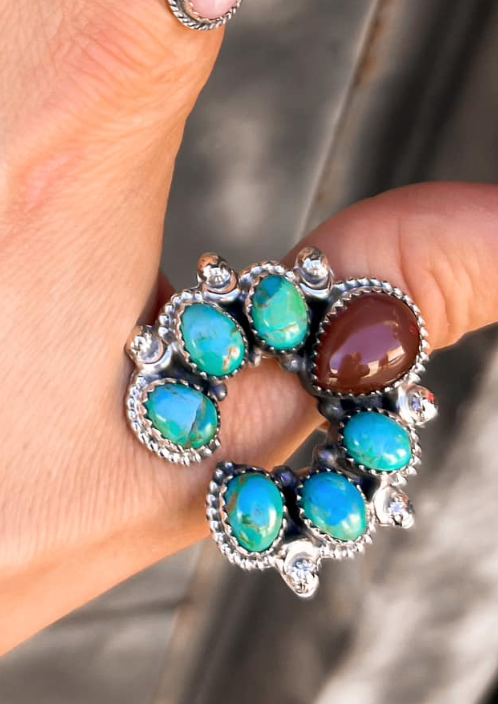 Squash Blossom Horseshoe Sterling Silver Ring | Multiple Stone Options!: Adjustable / Turquoise