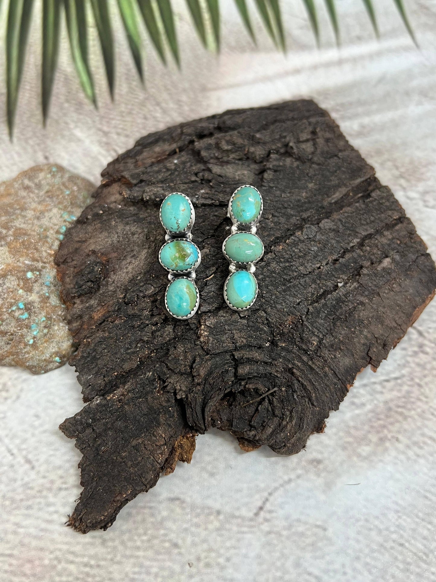 Handmade Sterling Silver Kingman Turquoise Post Dangle Earrings, Signed Nizhoni: Kingman Turquoise / Dangle